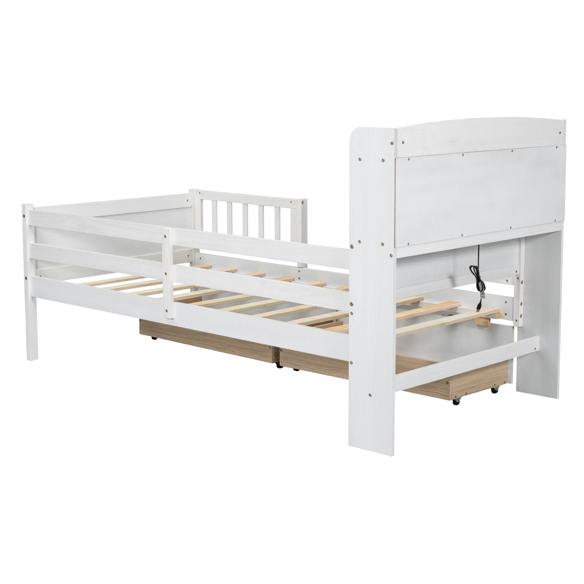 Platform Bed With LED Light, Multi Functional Headboard, Guardrail And 2 Drawers