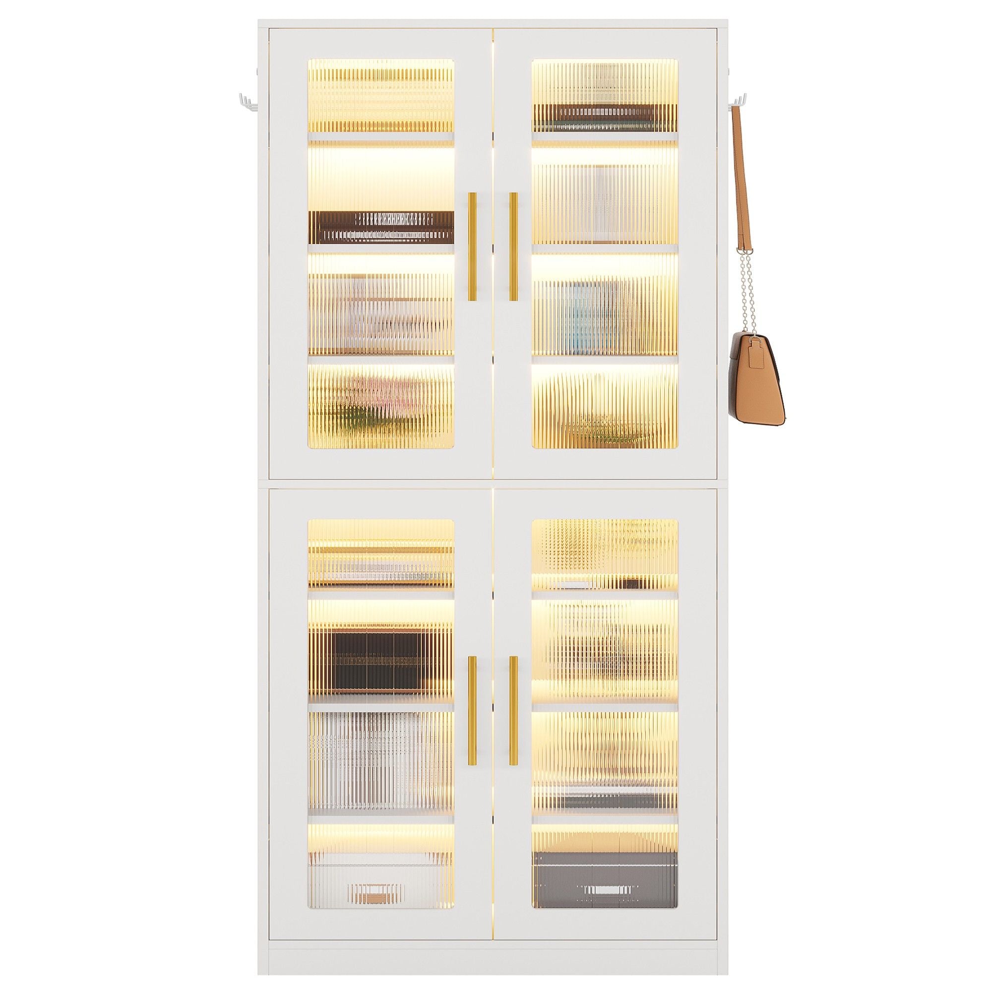 Bookcase With Doors And LED Lighting, 8 Adjustable Shelves Storage Cabinet