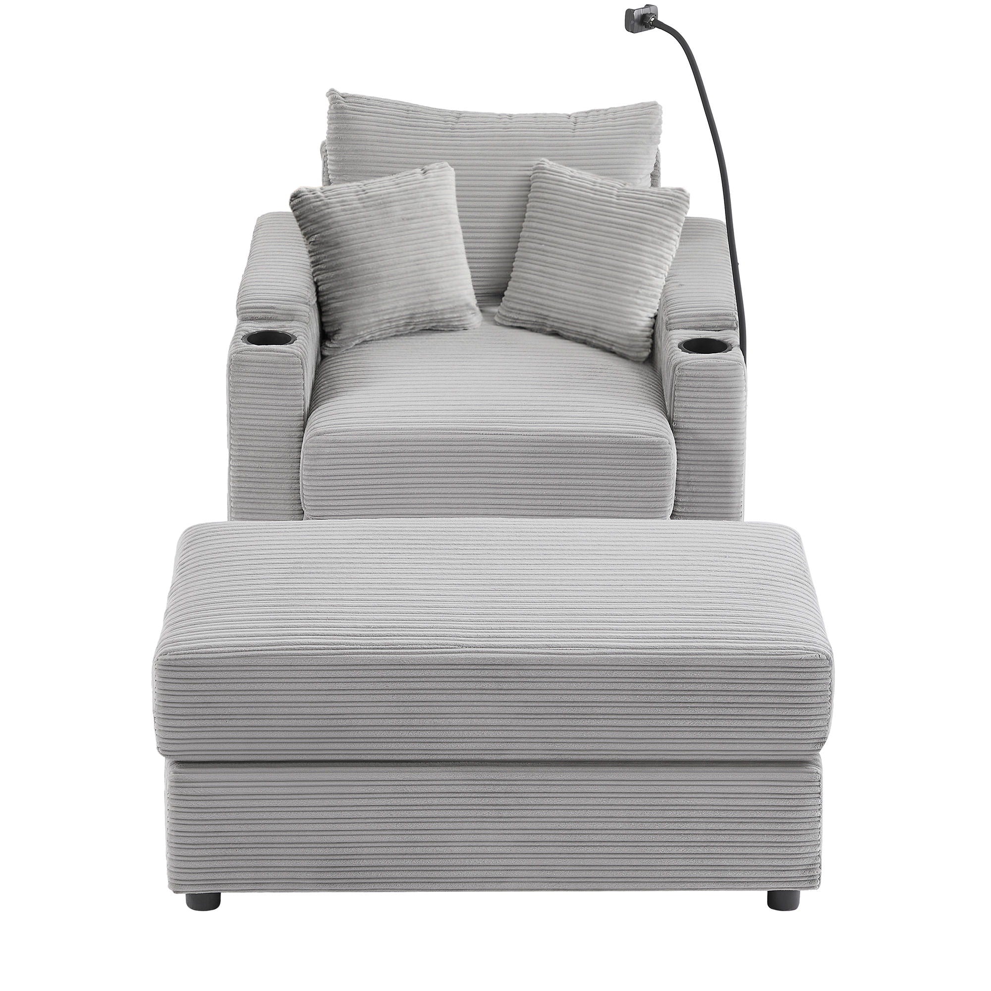 Single Sofa Couch With Storage Space, Movable Ottoman, USB Ports, Cup Holders, Phone Holder
