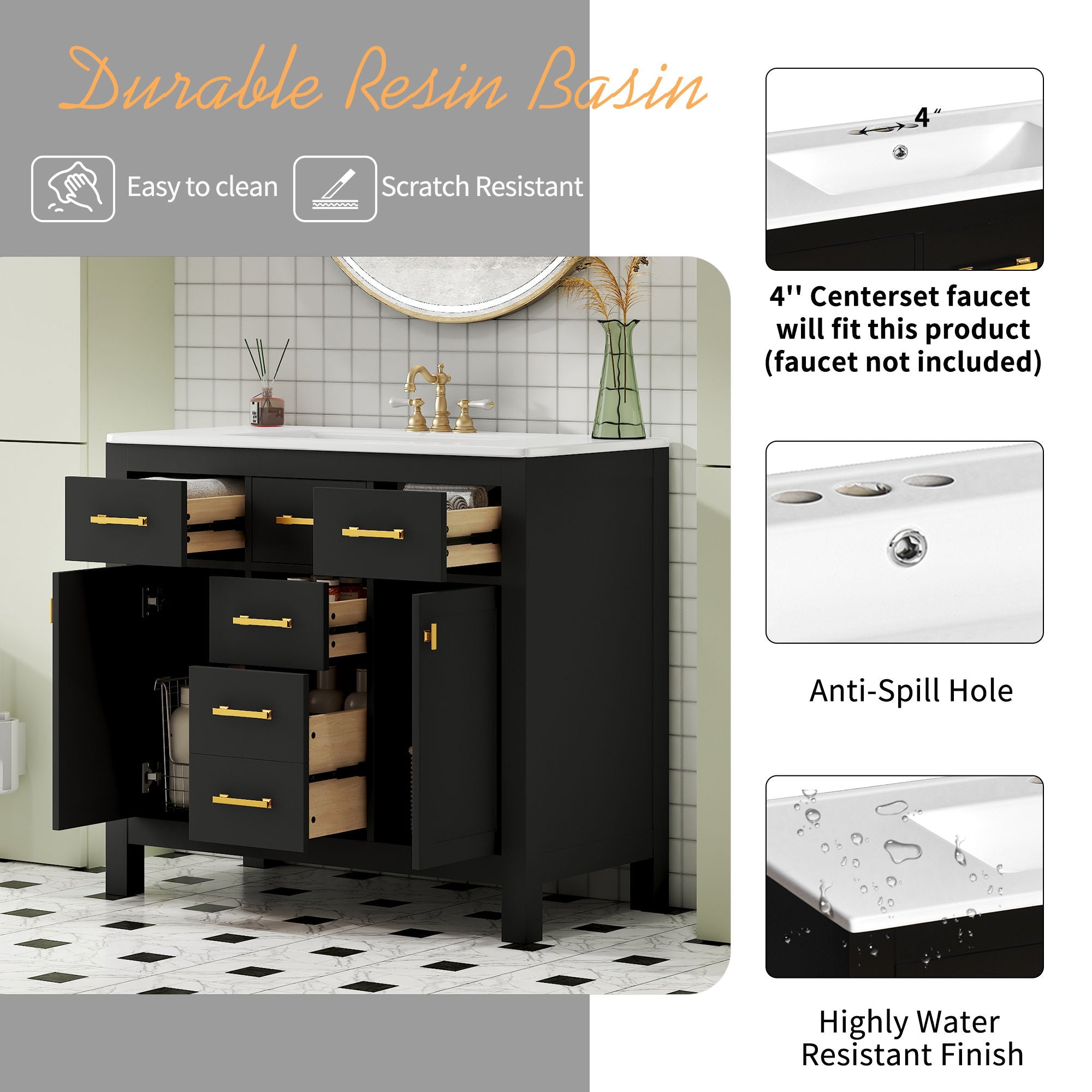 Bathroom Vanity With Sink Combo Set, Modern Bathroom Cabinet With 4 Drawers