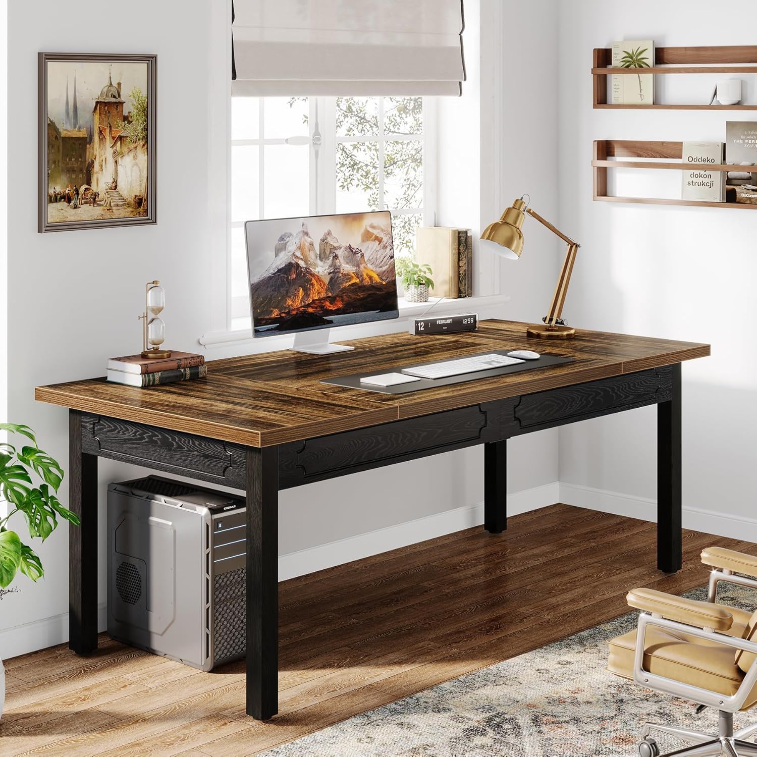 Executive Office Desk, Computer Table With Thick Top - Brown / Black