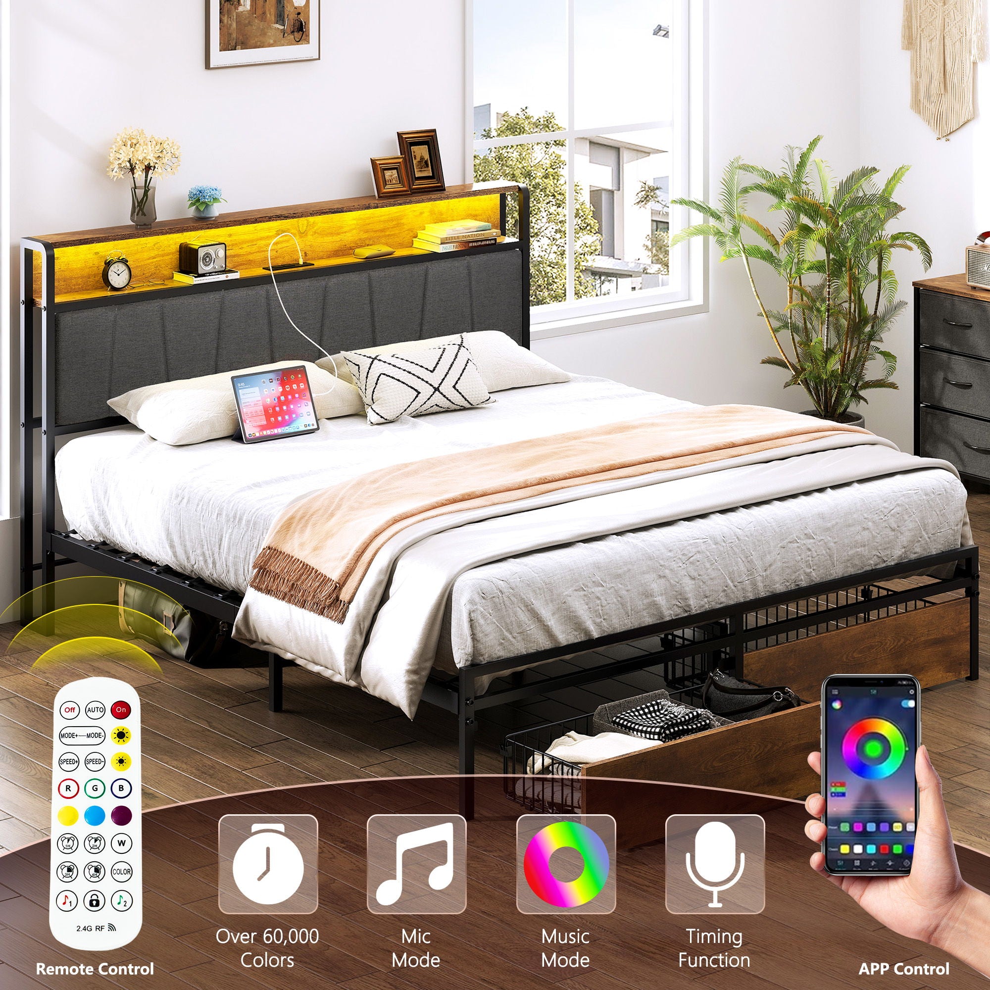 Upholstered Platform Bed Frame With Storage Drawers, USB Ports, LED Lights