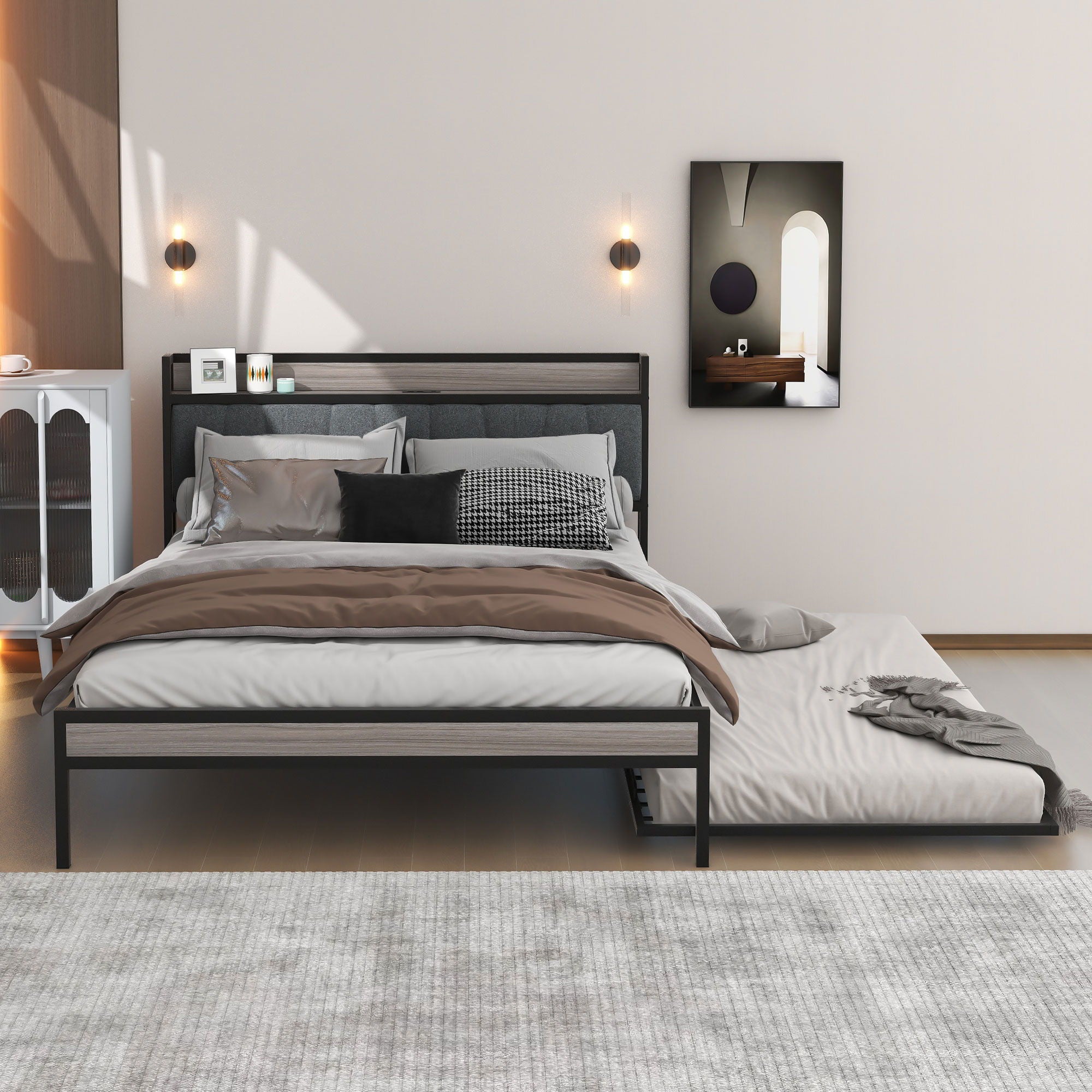 Platform Bed Frame With Trundle, USB Ports And Slat Support, No Box Spring Needed