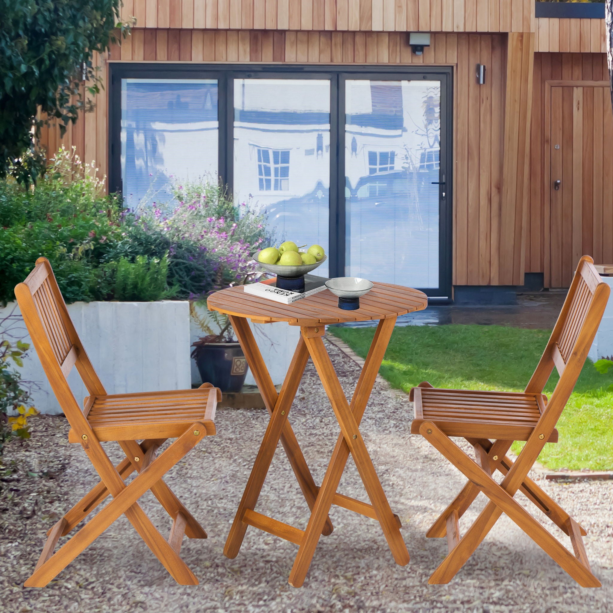 3 Piece Acacia Bistro Set, Folding Patio Furniture With 1 Coffee Table And 2 Foldable Chairs