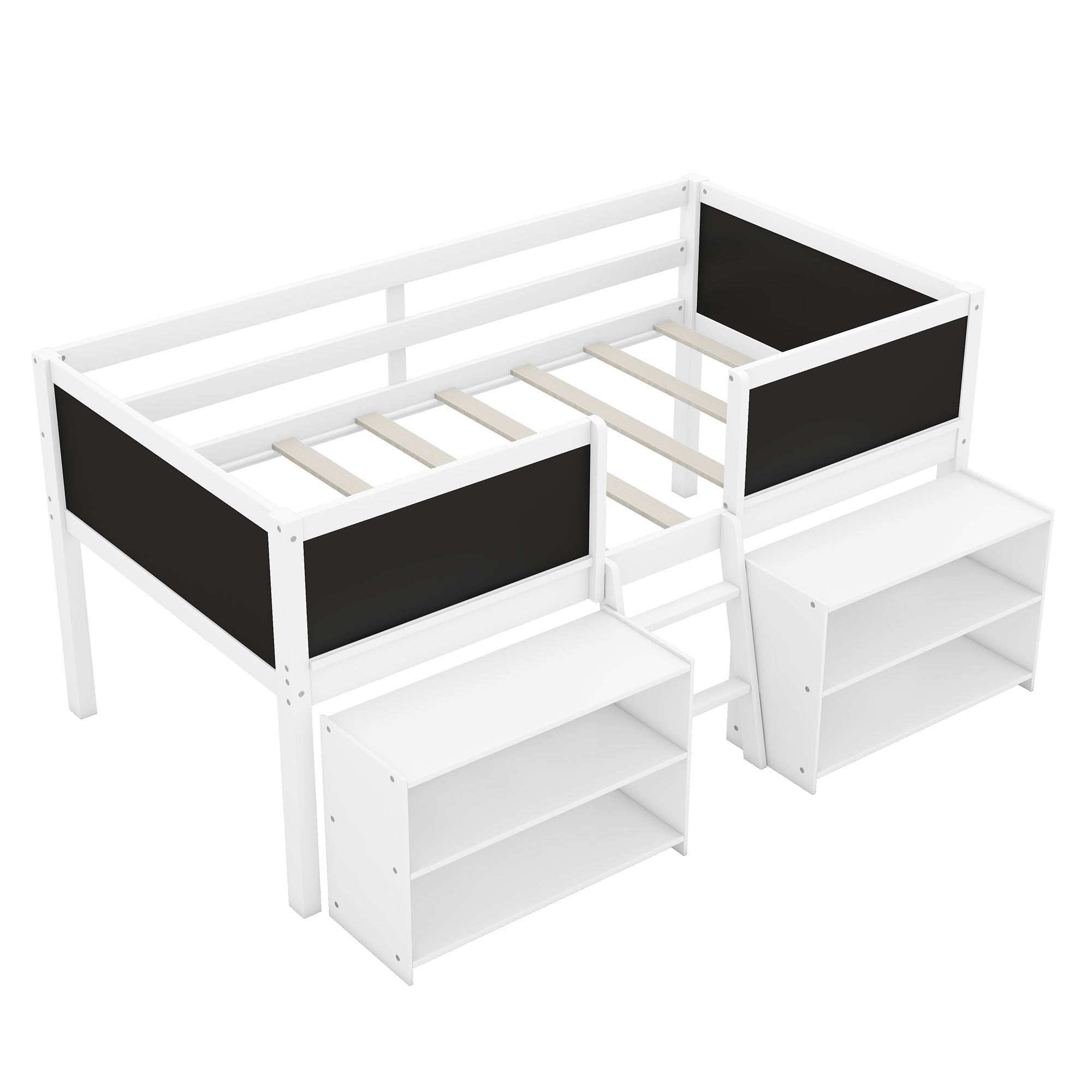 Low Loft Bed With Movable Shelves And Ladder, Decorative Chalkboard Guardrail