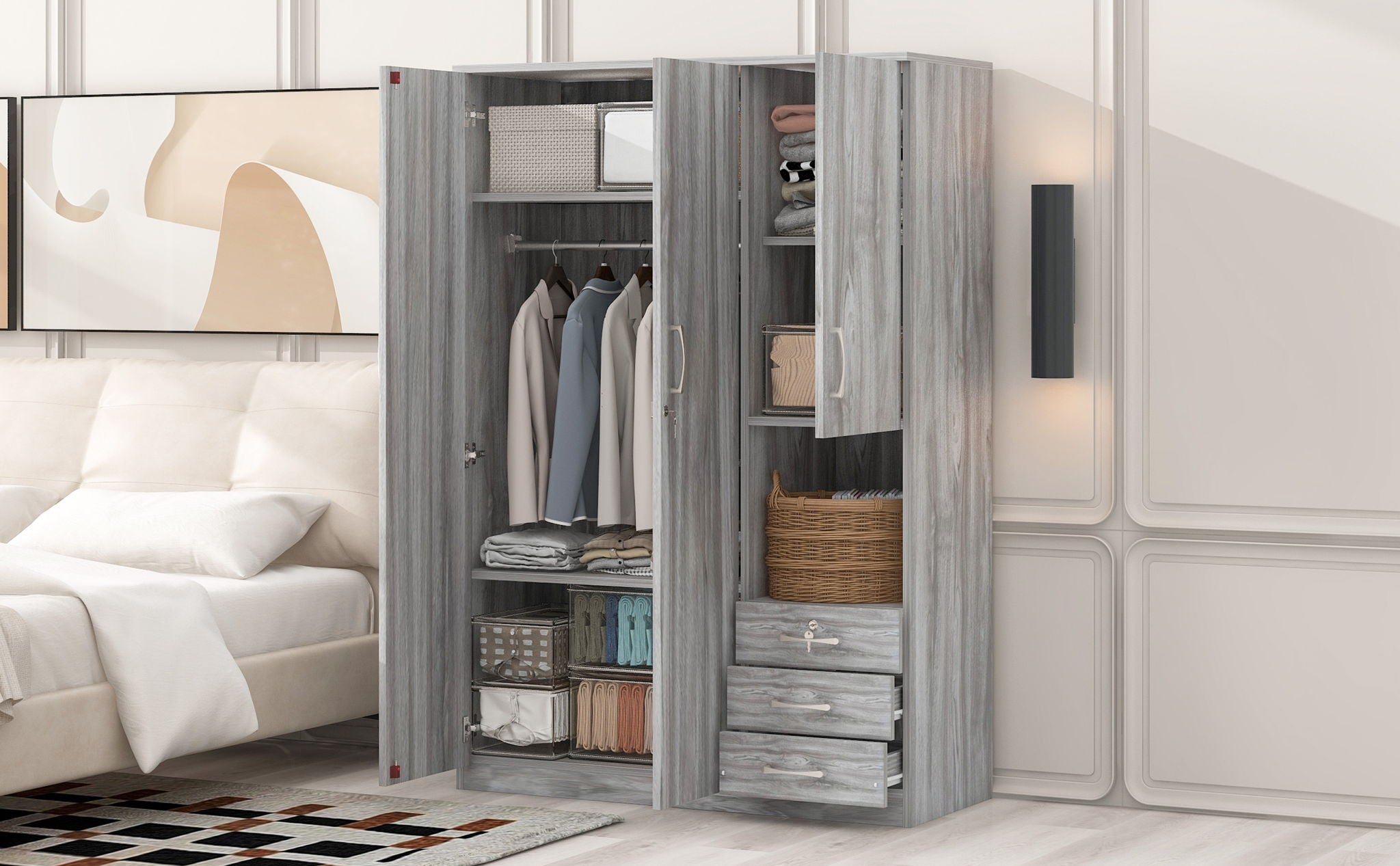 2 Doors Wardrobe Storage For Bedroom With Shelves And 3 Drawers