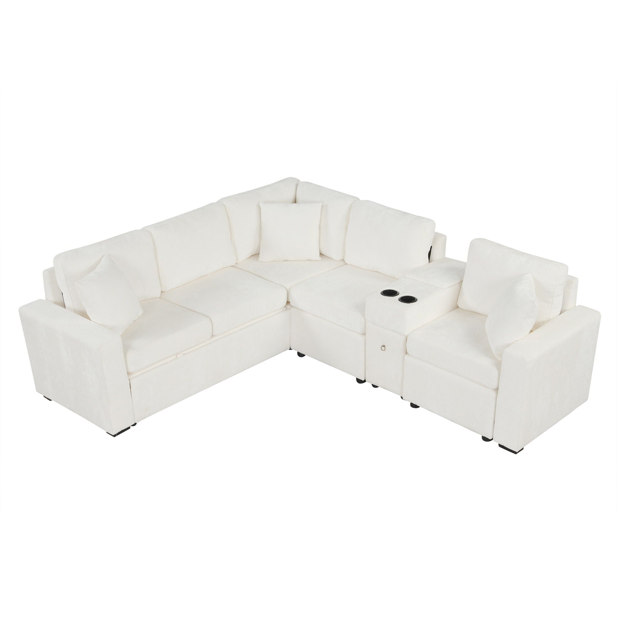 Modular L-Shaped Sectional Sofa Bed With Pull-Out Sleeper, Cup Holders, And Storage