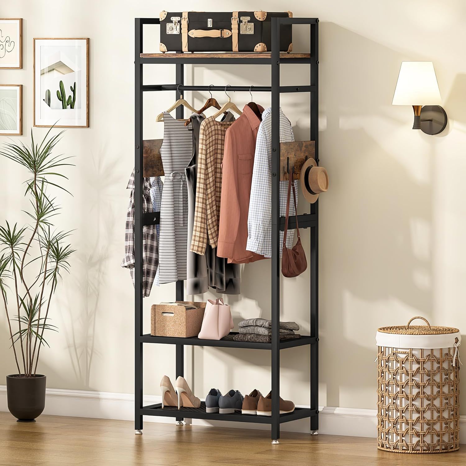 Rack With Hanging Rod, 4 Hooks, Heavy Duty Freestanding Closet Organizer - Brown / Black