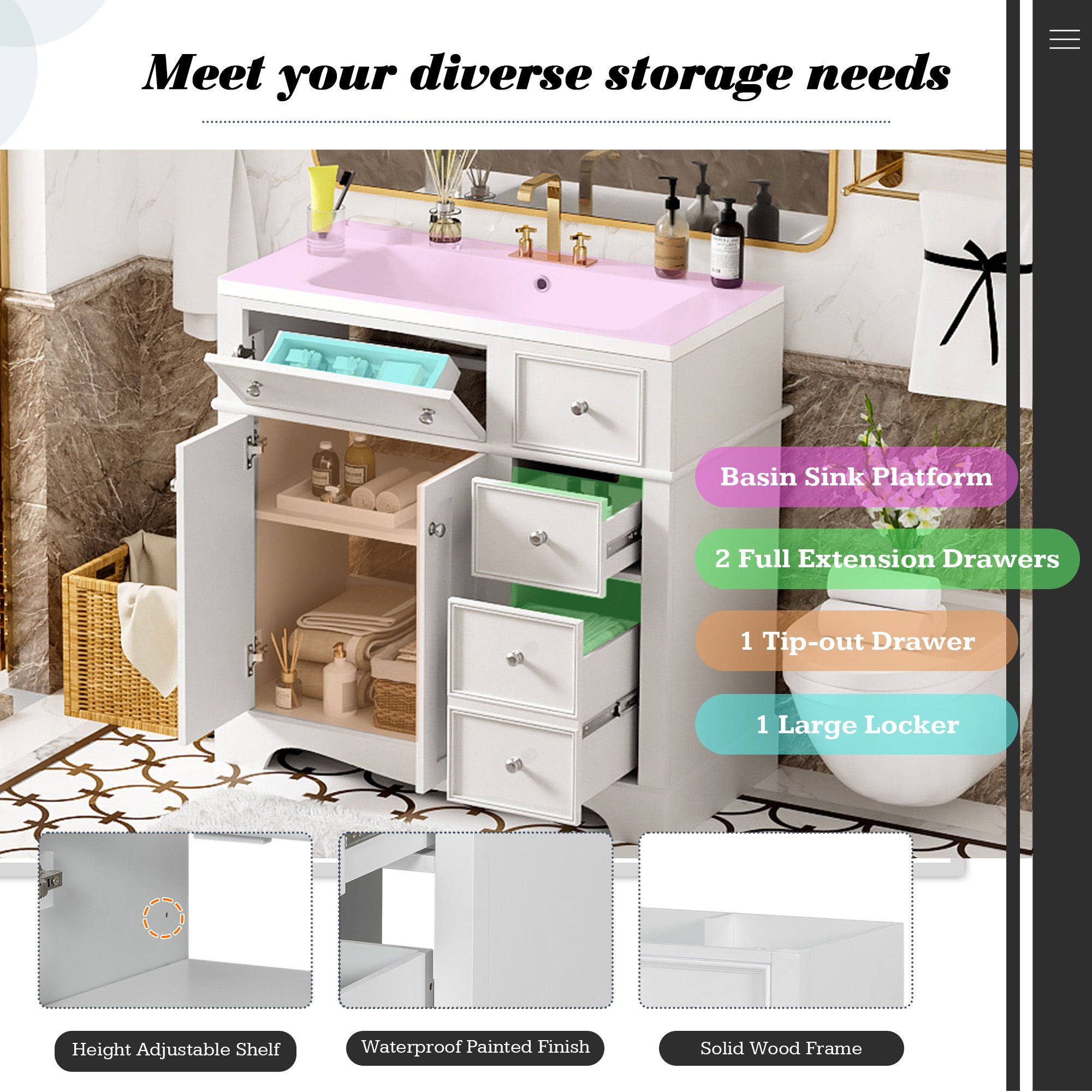 Bathroom Vanity With Resin Sink Combo, Frame Bathroom Storage Cabinet, Freestanding Vanity Set With 3 Drawers & Adjustable Shelf - White