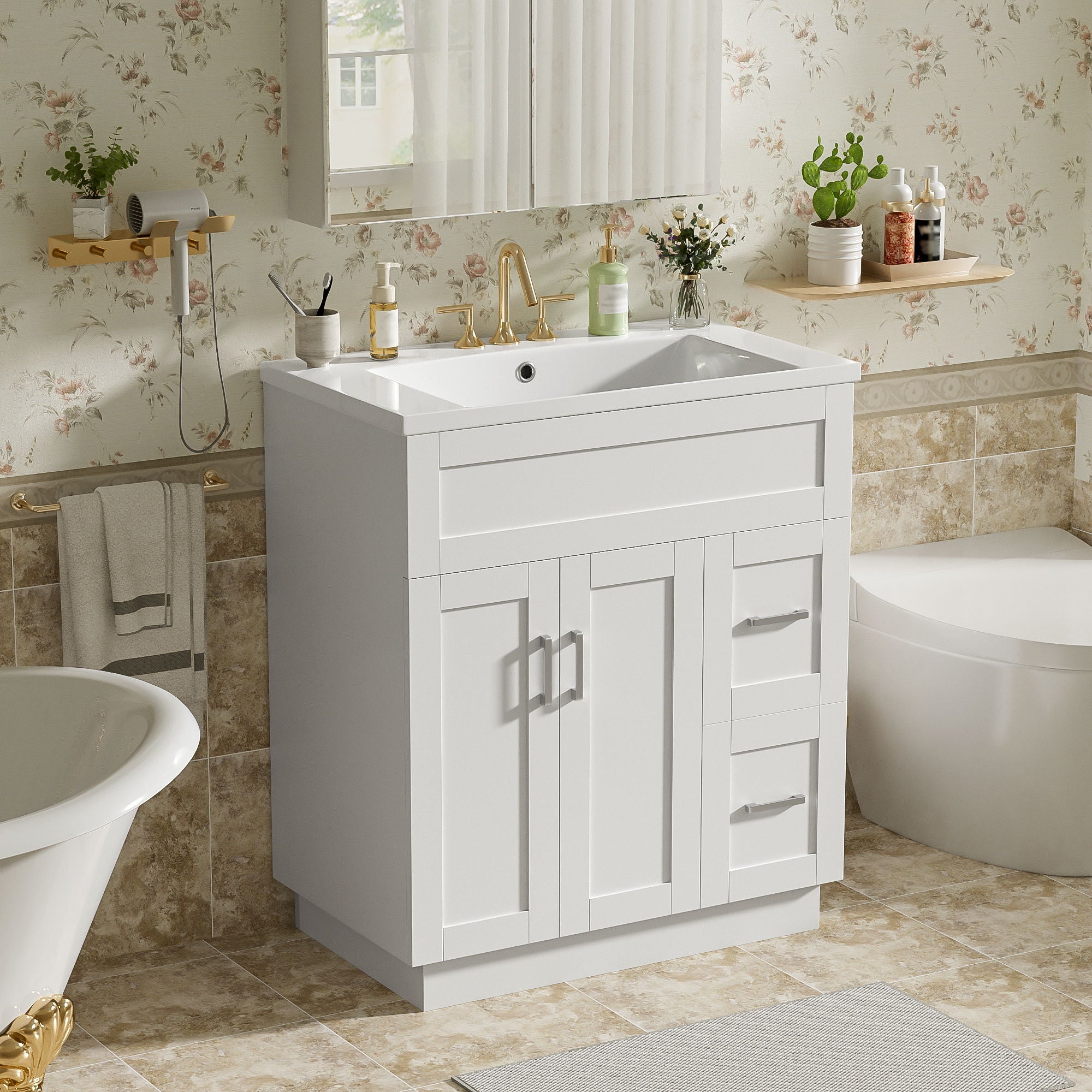 Bathroom Vanity With 2 Doors, 2 Drawers, Adjustable Shelf, Hidden Slides & Soft Close Hinges