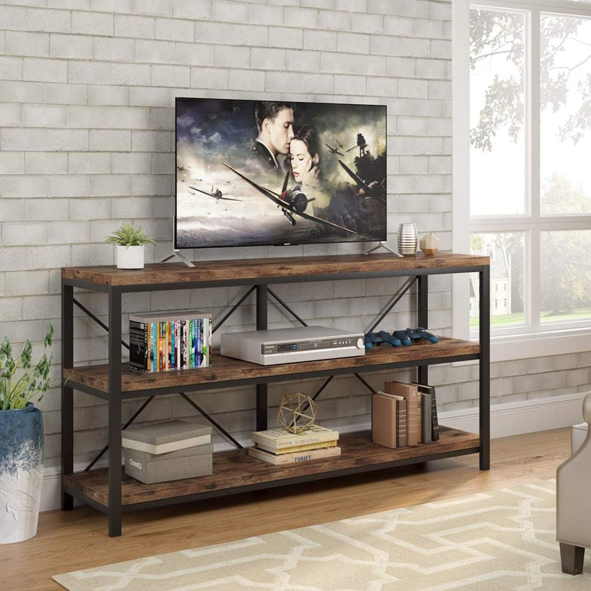 Console Table With 3 Tier Storage Shelves Finish, Slim Narrow Design For Living Entryway - Brown / Black