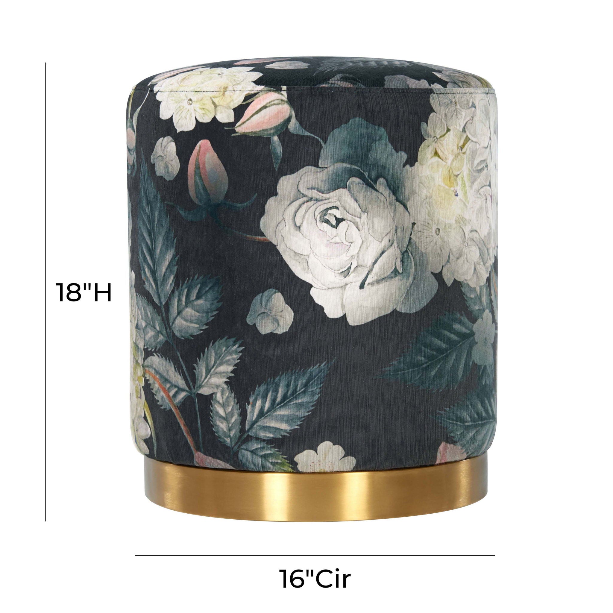 Opal - Floral Velvet Ottoman With Gold Base - Dark Gray