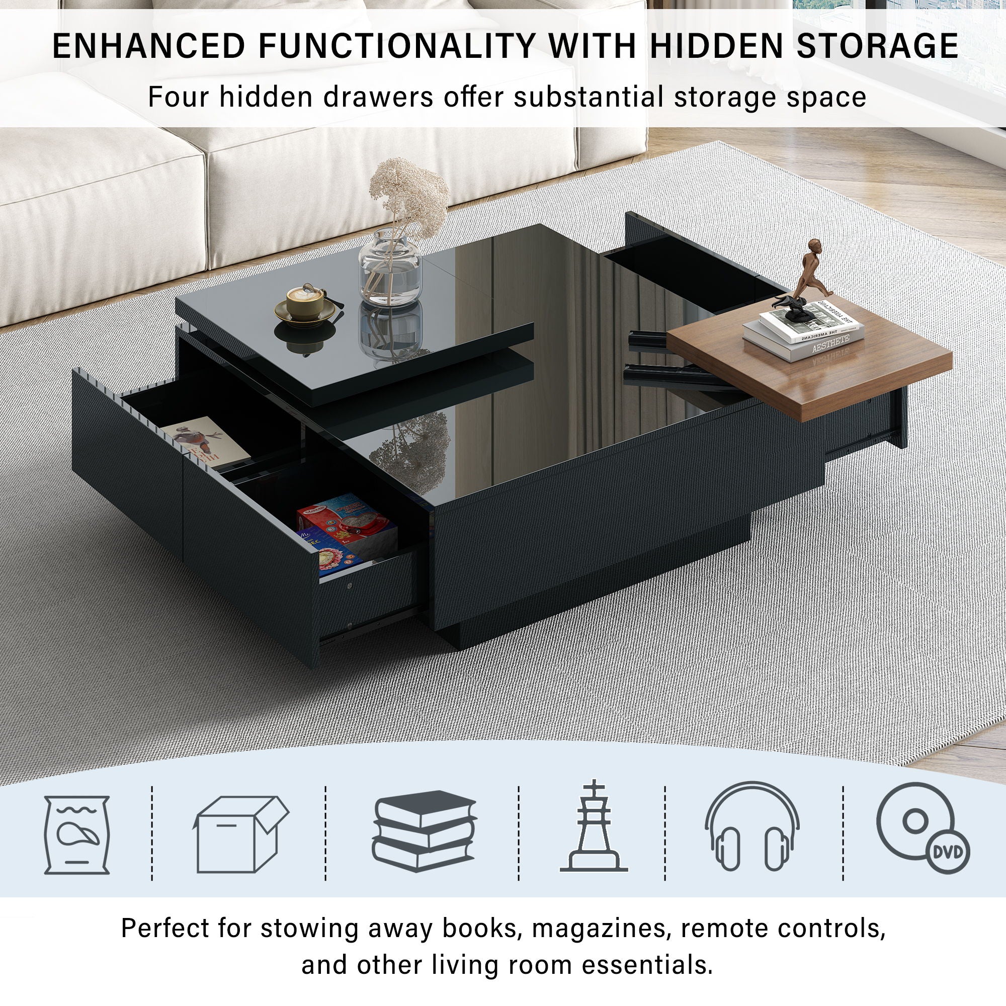 Movable Square Top Coffee Table With 4 Hidden Storage Drawers