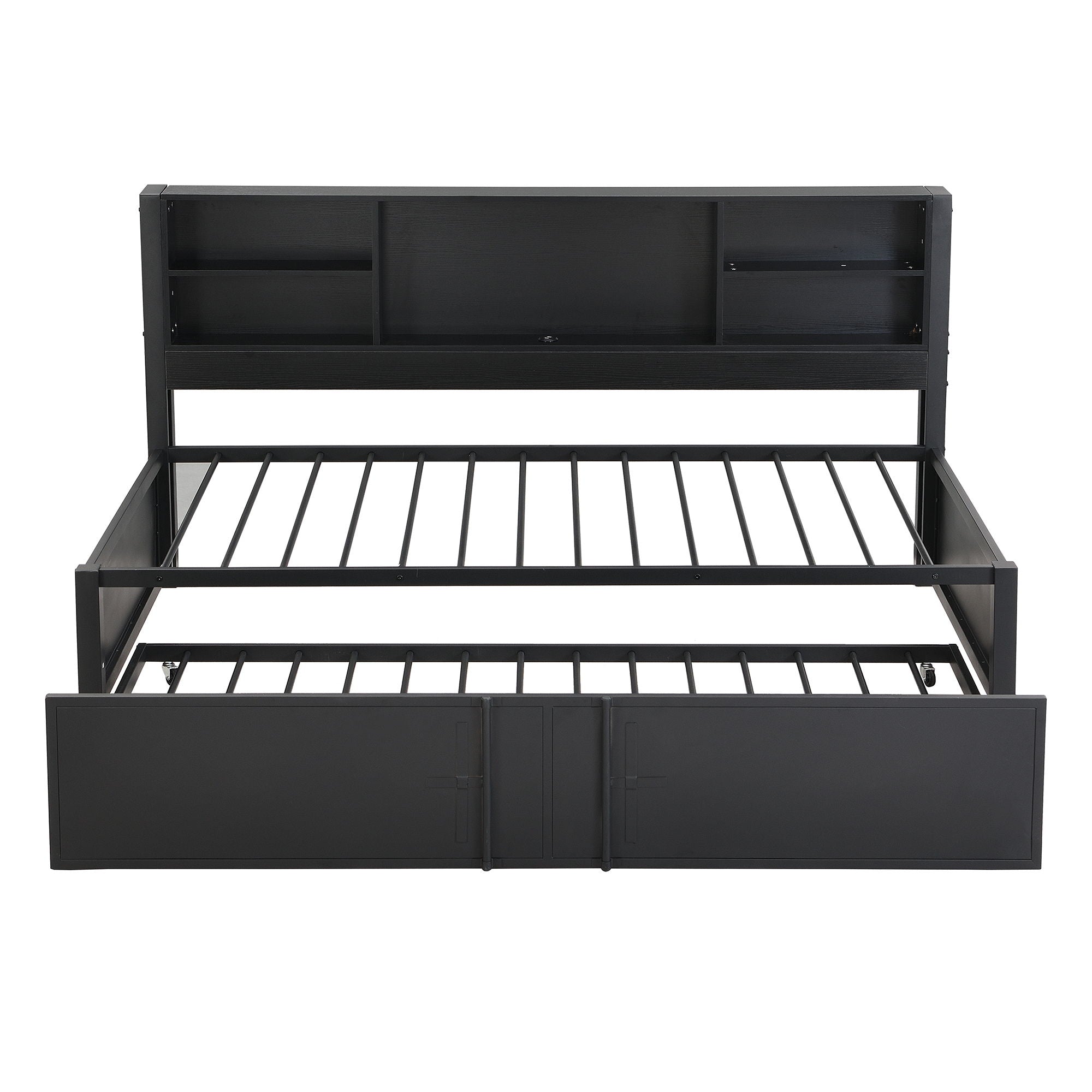 Industrial Metal Daybed With Trundle, Storage Shelves, USB Ports