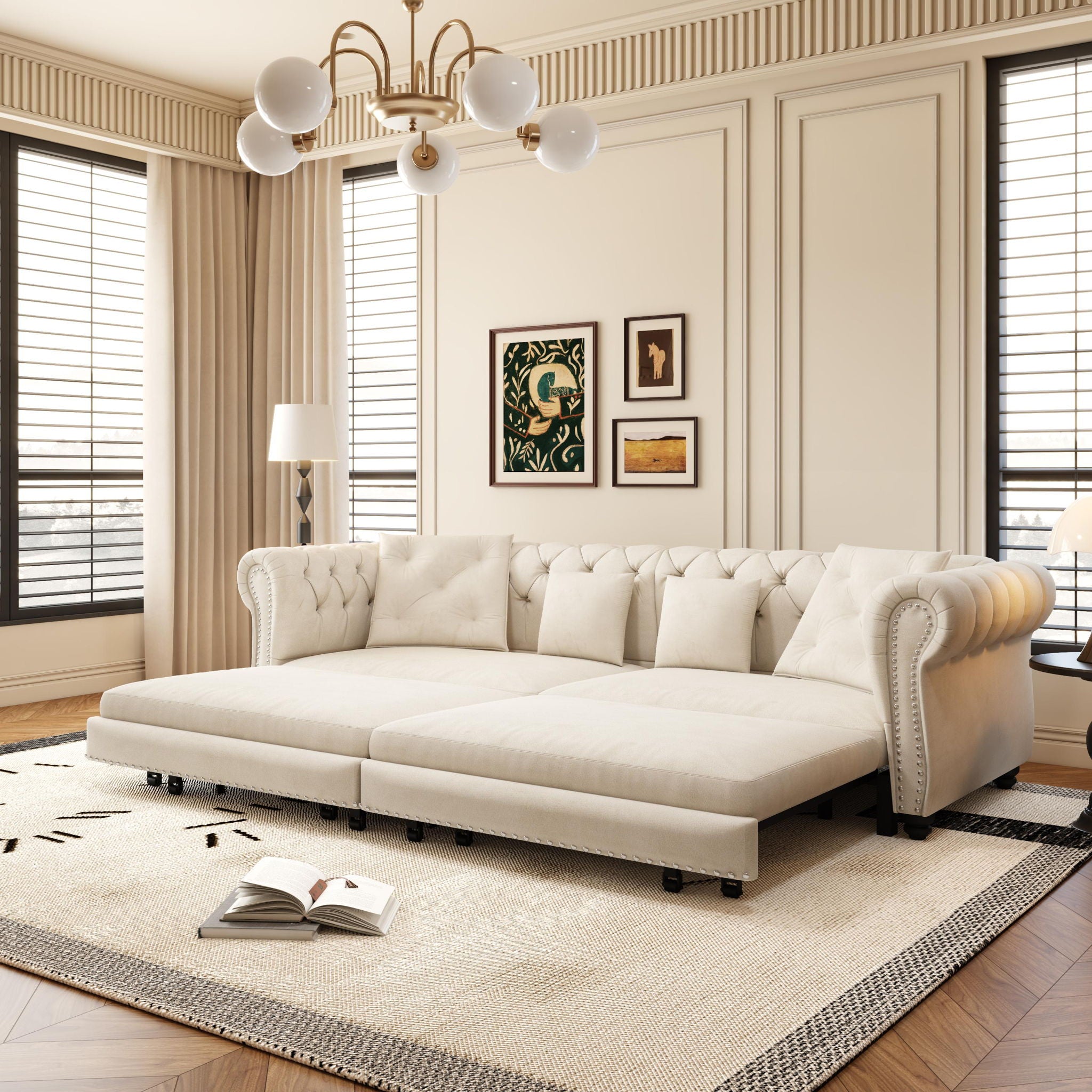 3 In 1 Pull Out Sofa Bed, Convertible Sleeper Sofa Bed, 3 Seater Sofa With Movable Ottoman - Beige