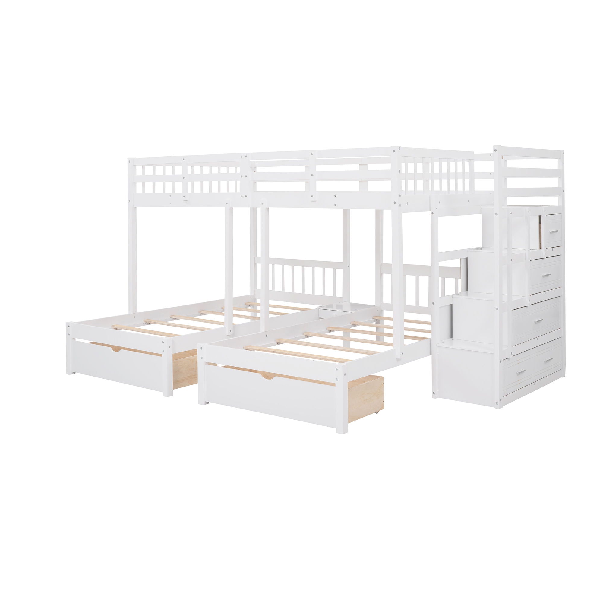 Multifunctional Triple Bunk Bed With Drawers And Guardrails