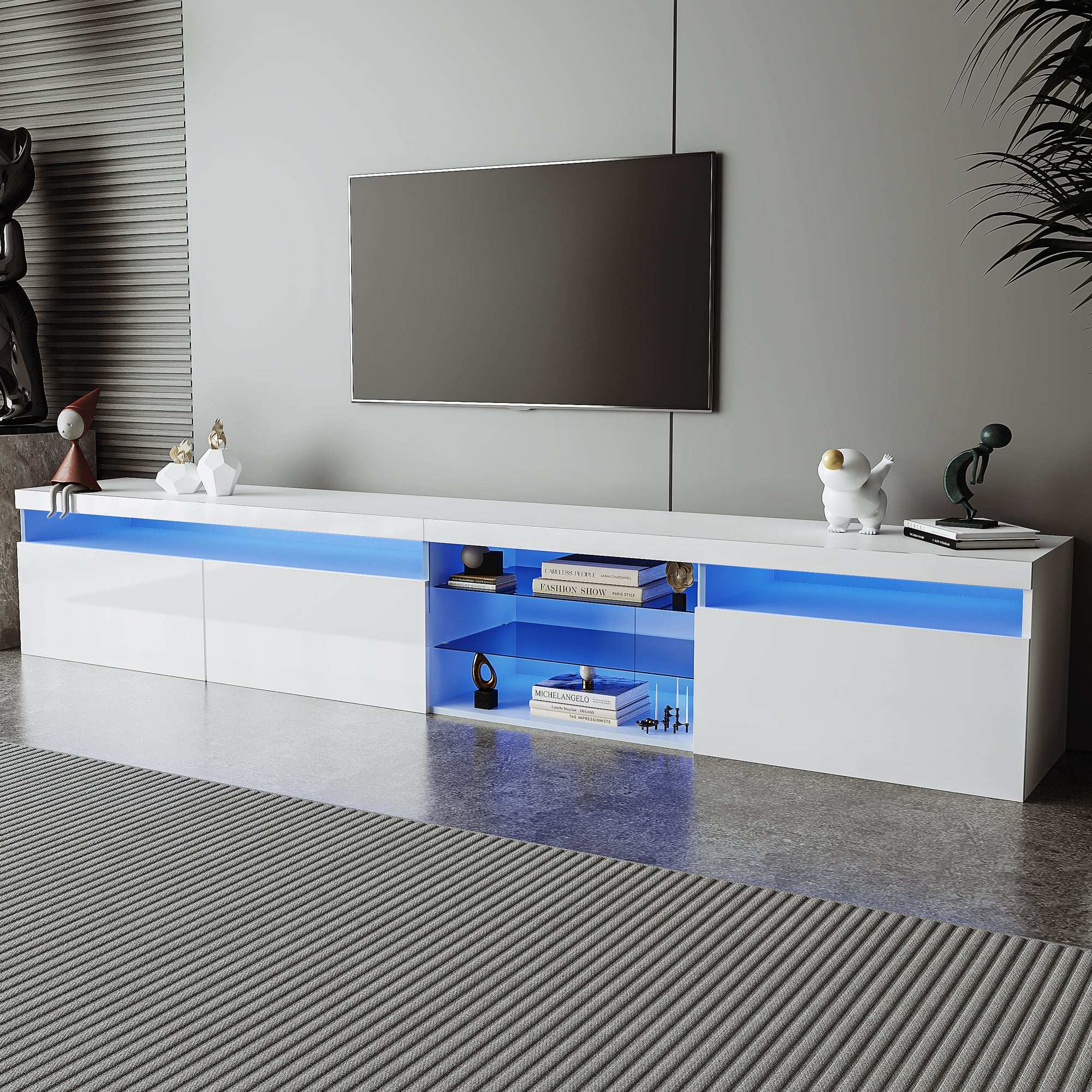 Unique Design TV Stand with 2 Glass Shelves, White