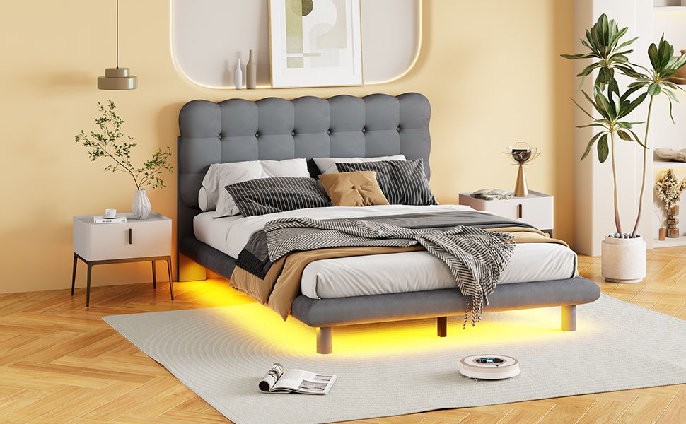 Platform Bed With LED Frame, Thick & Soft And Button Tufted Design Headboard