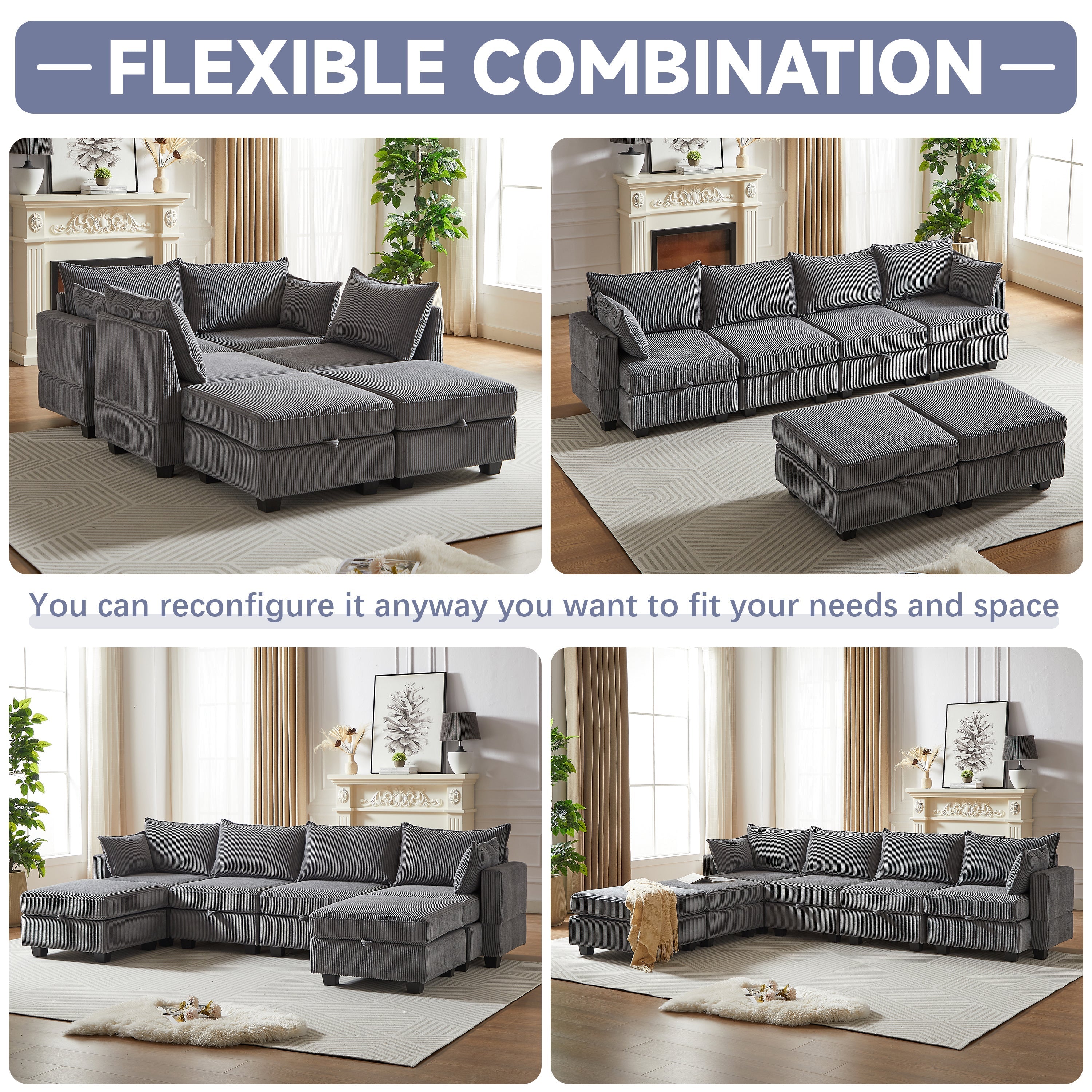 113.5'' Modular Sectional Corduroy Sofa with Storage Ottoman