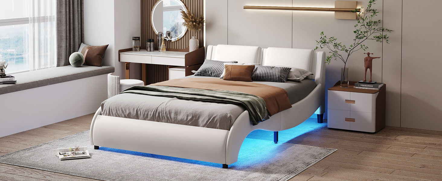 Upholstered Platform Bed With LED Light, Frame Slatted
