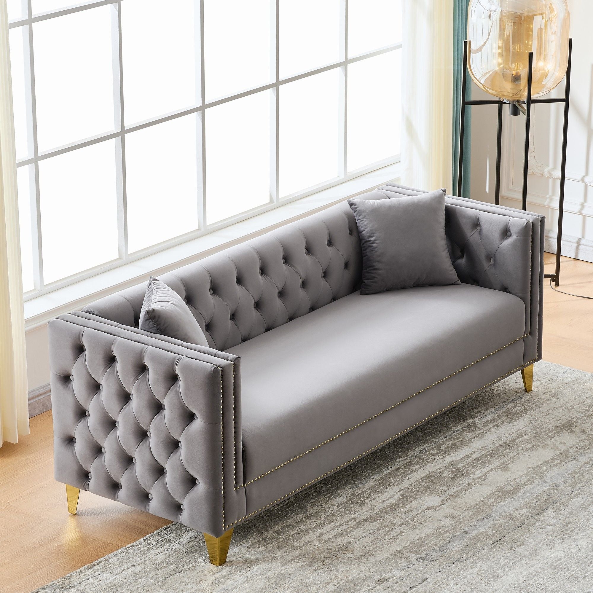 3 Seater Deep Seat Sofa, Sofa With Button Nailhead, Square Arm