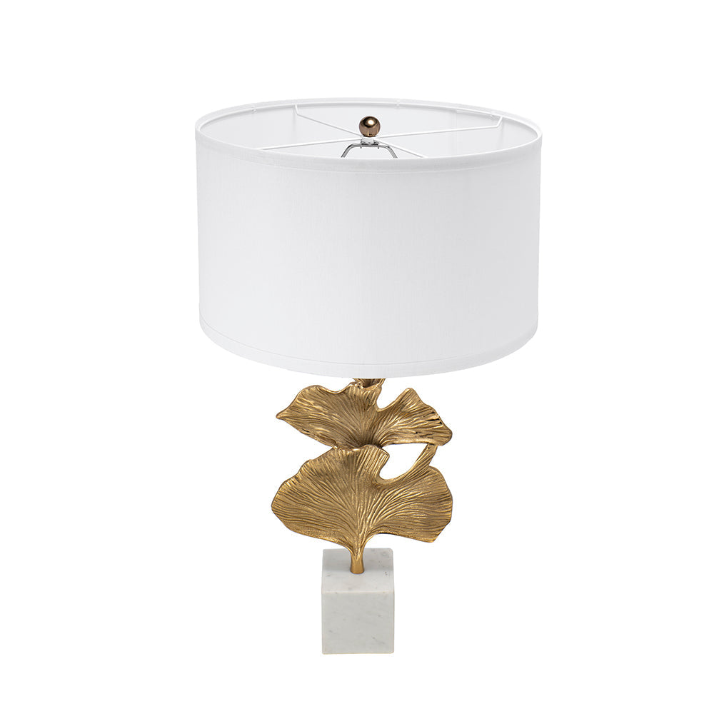 Gold Ginkgo Leaf Table Lamp with Marble Base and White Drum Shade