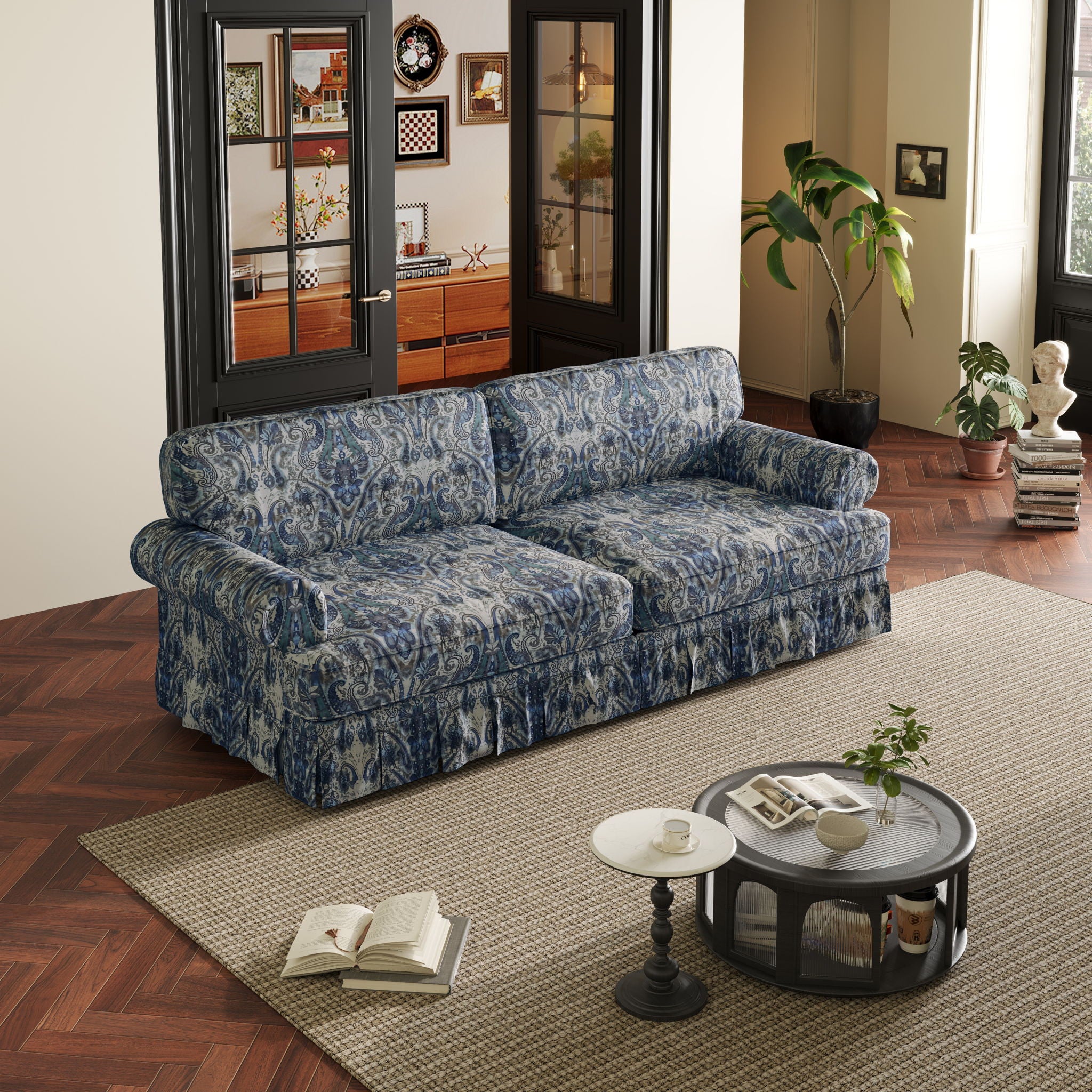 Luxuriously Comfortable Cloud Couch Sofa With Elegant Rolled Arms & Pleated Skirt Design