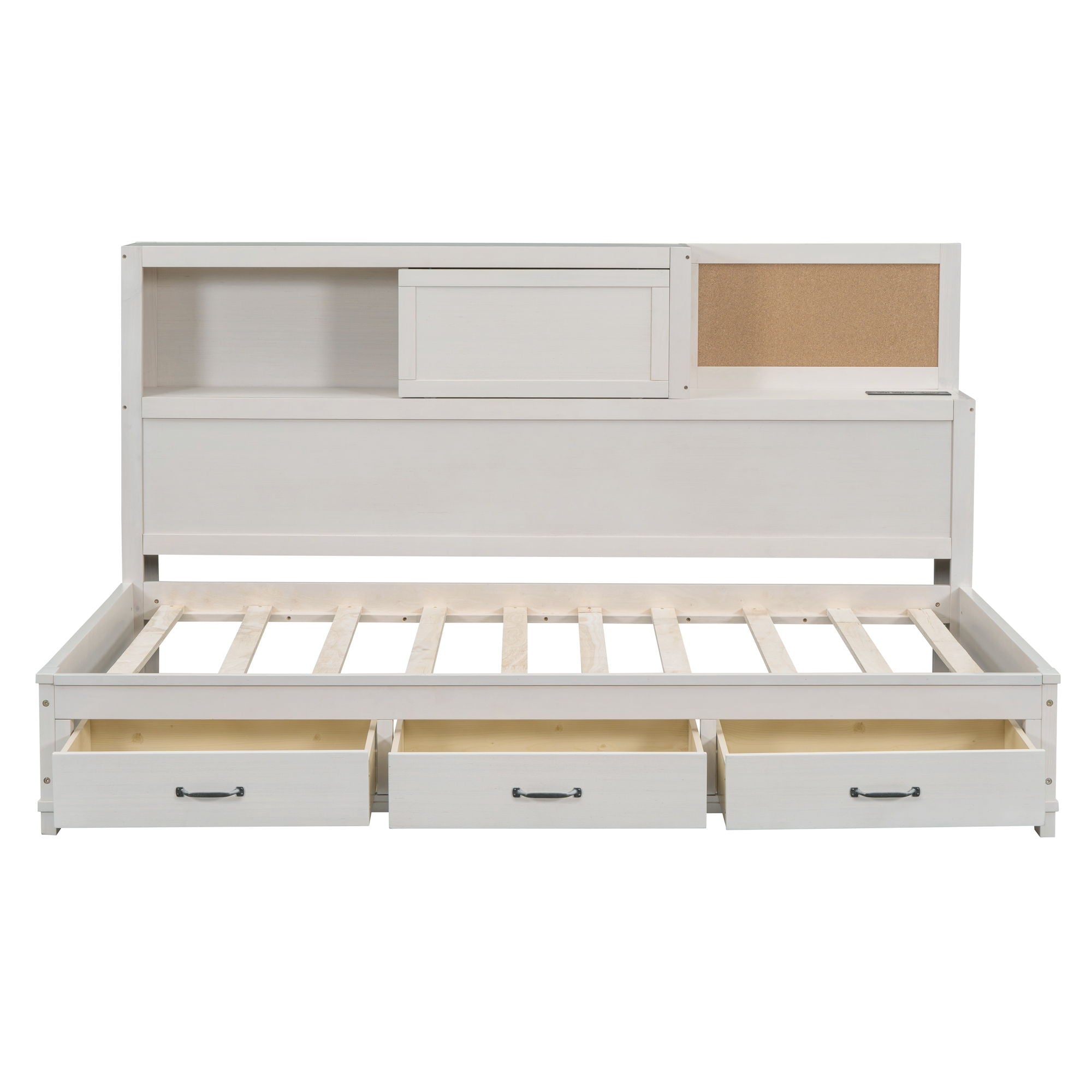Twin Size Daybed With 3 Storage Drawers, Upper Soft Board, Shelf, And A Set Of Sockets And USB Ports - White