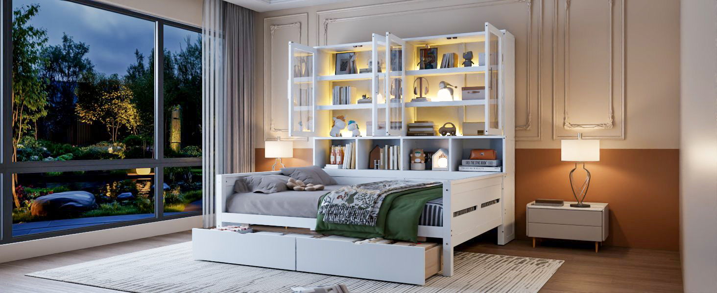 Daybed With Glass Door Storage Cabinets, Built In LED Lighting And Shelves