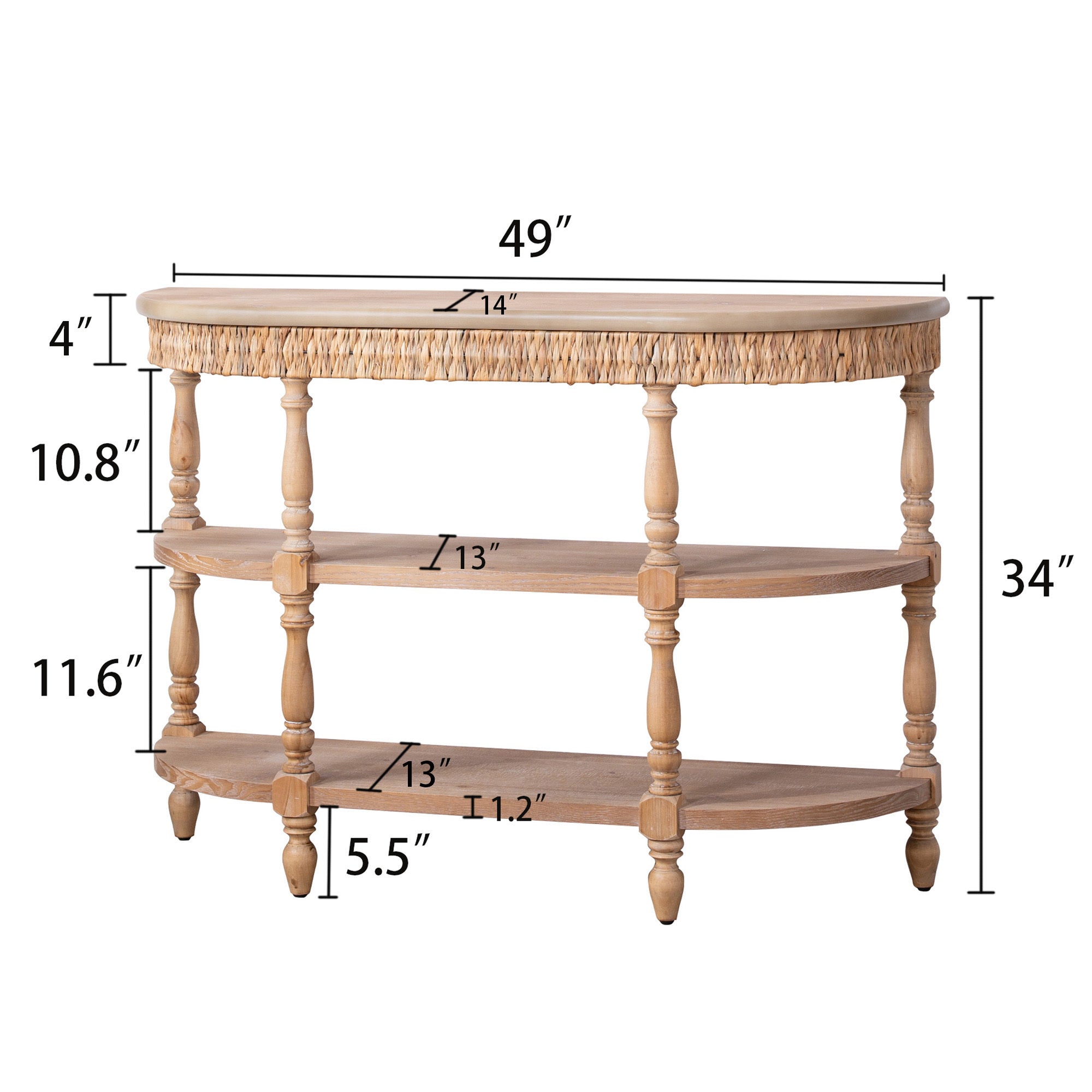 Handcrafted Wood Console Table with Hand-Woven Trim, 3-Tier Storage Shelves, Oval Entryway Table with Carved Legs, Rustic Coastal Farmhouse Accent Table, 49' Hallway Sofa Table
