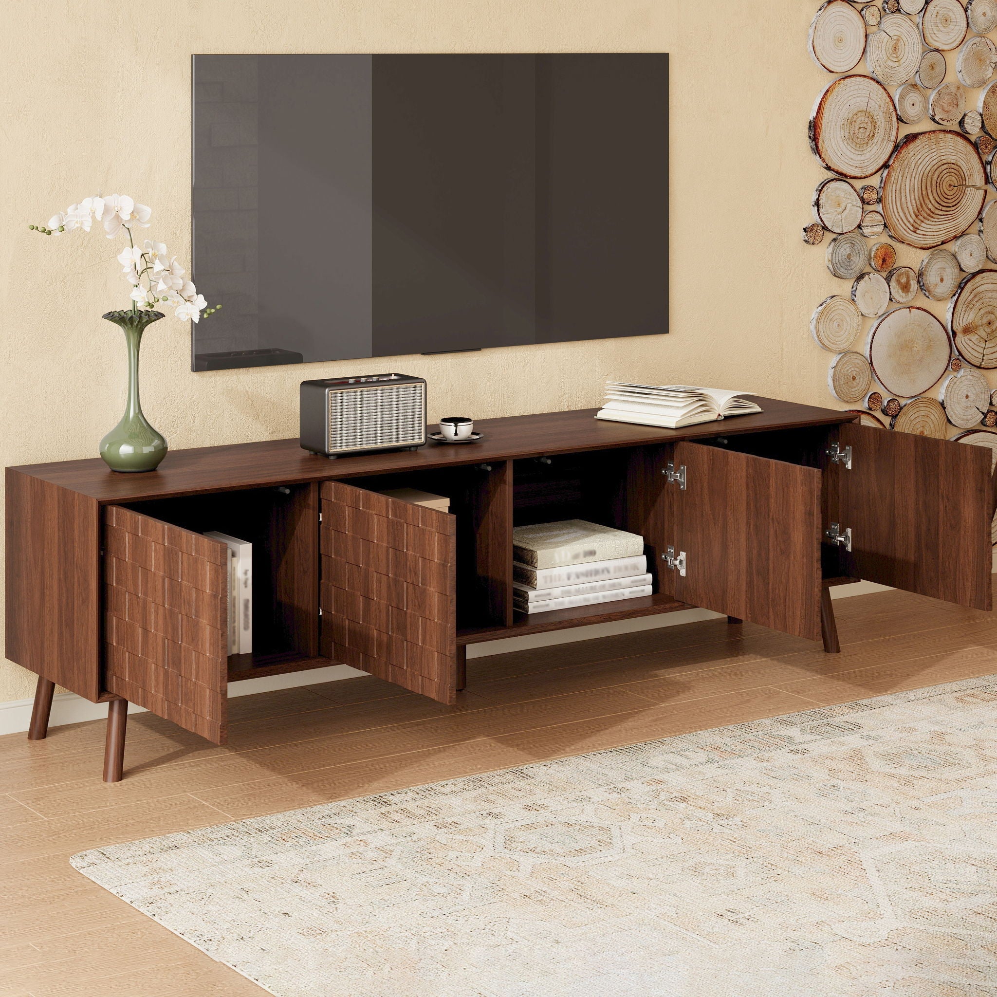 TV Stand With Soft Closing Hinges And Cable Management - Walnut