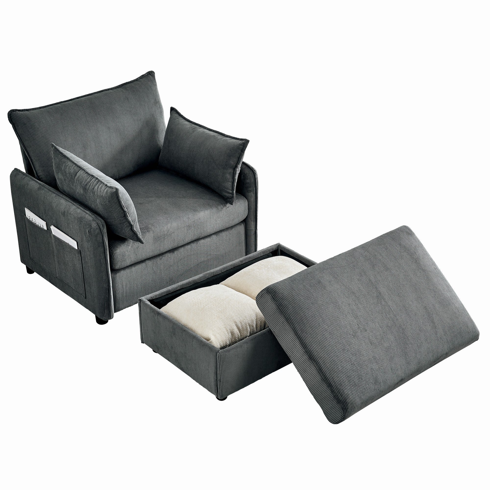Comfy Corduroy Oversized Chaise Lounge Chair with Ottoman and Storage