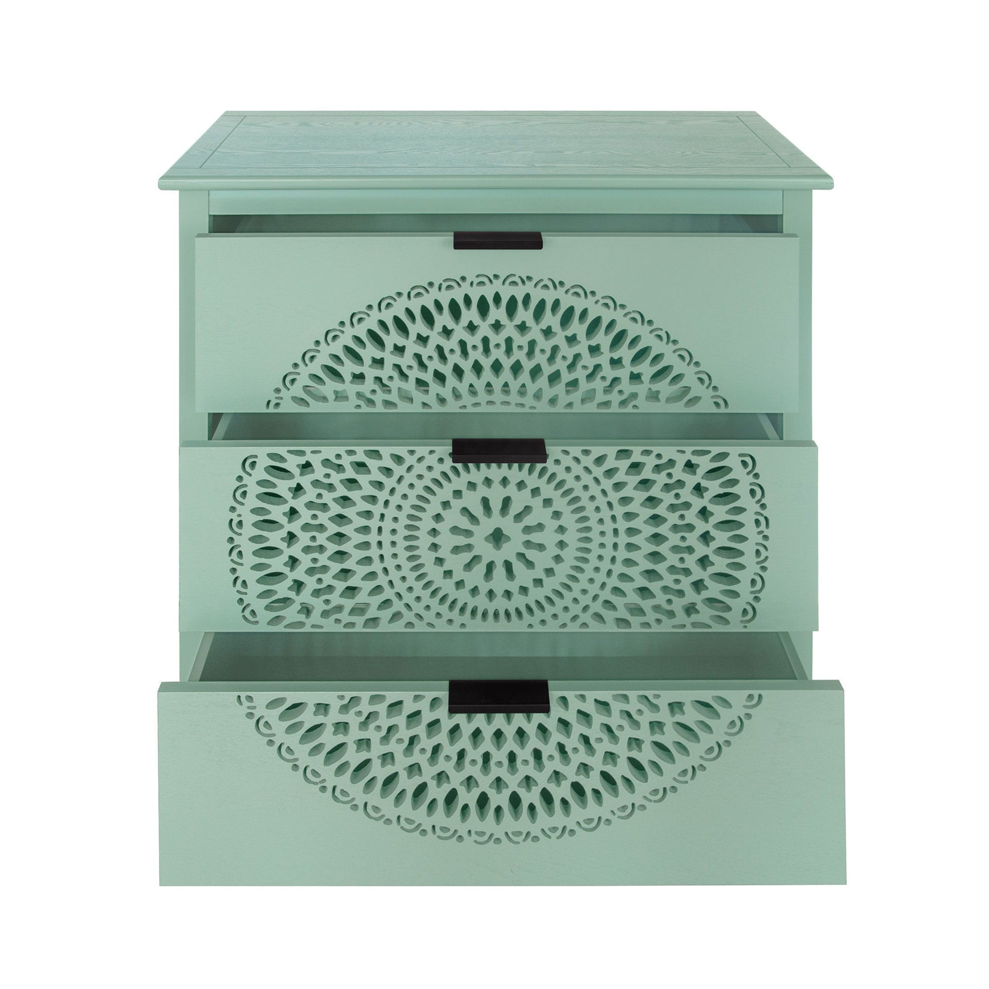3 Drawer Storage Cabinet With Hollow Carved Design And Metal Handles, Chest For Entryway, Living Room Or Bedroom - Light Green - Best Buy Furniture