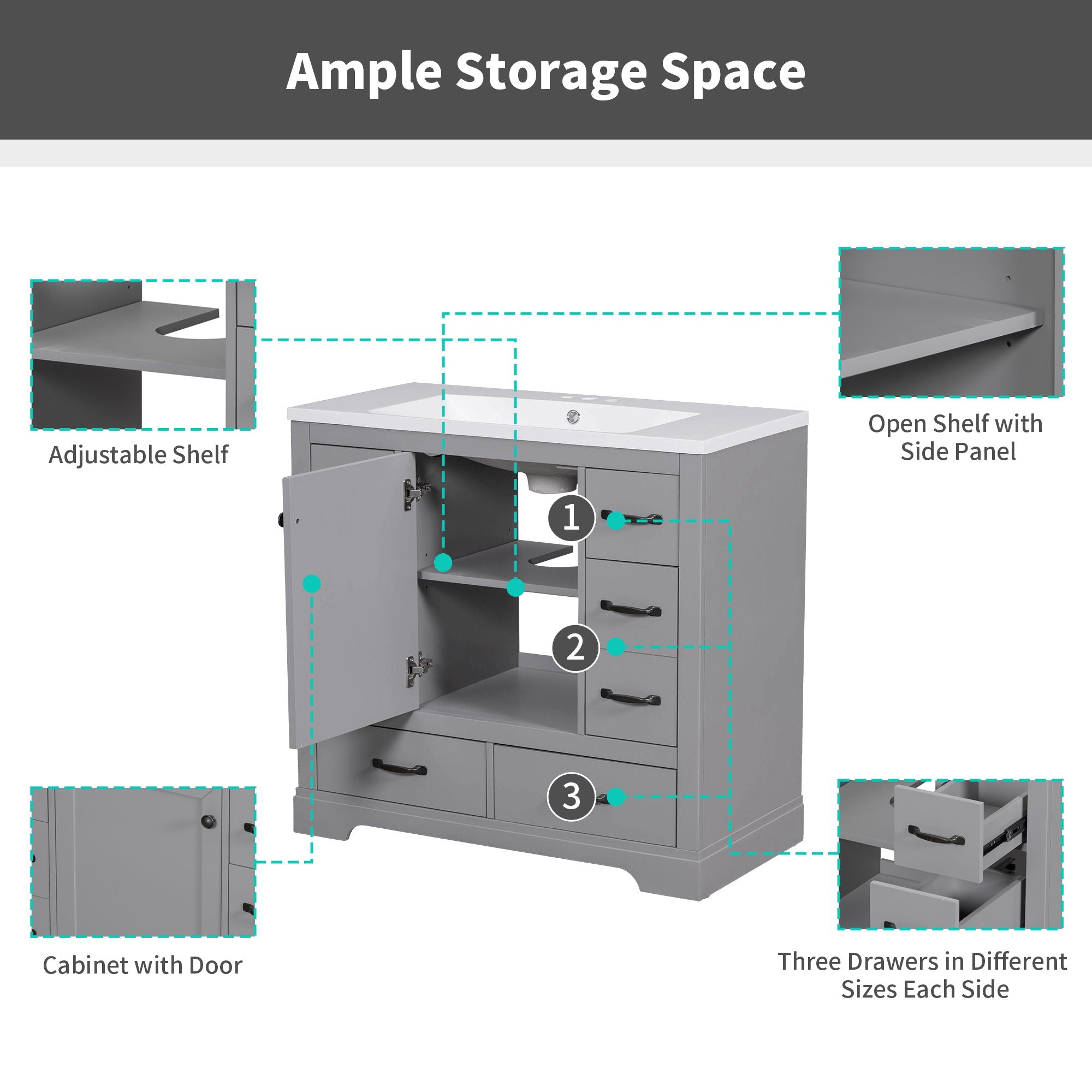 36" Bathroom Vanity Without Sink, Cabinet Base Only, 6 Drawers, Multi Functional Drawer Divider, Adjustable Shelf - Grey