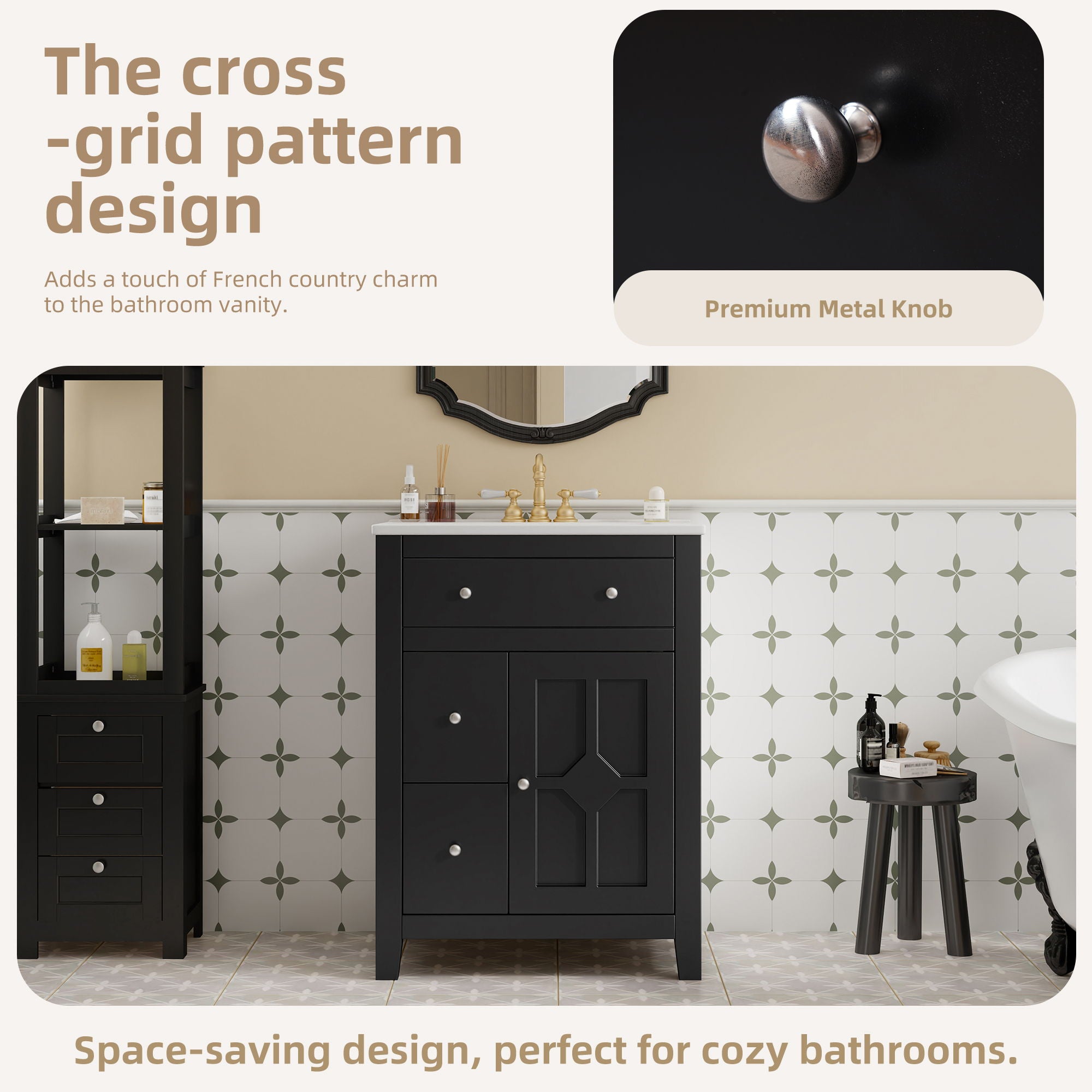 Bathroom Vanity With Basin, Rectangular Cabinet With 2 Drawers And Soft Closing Door