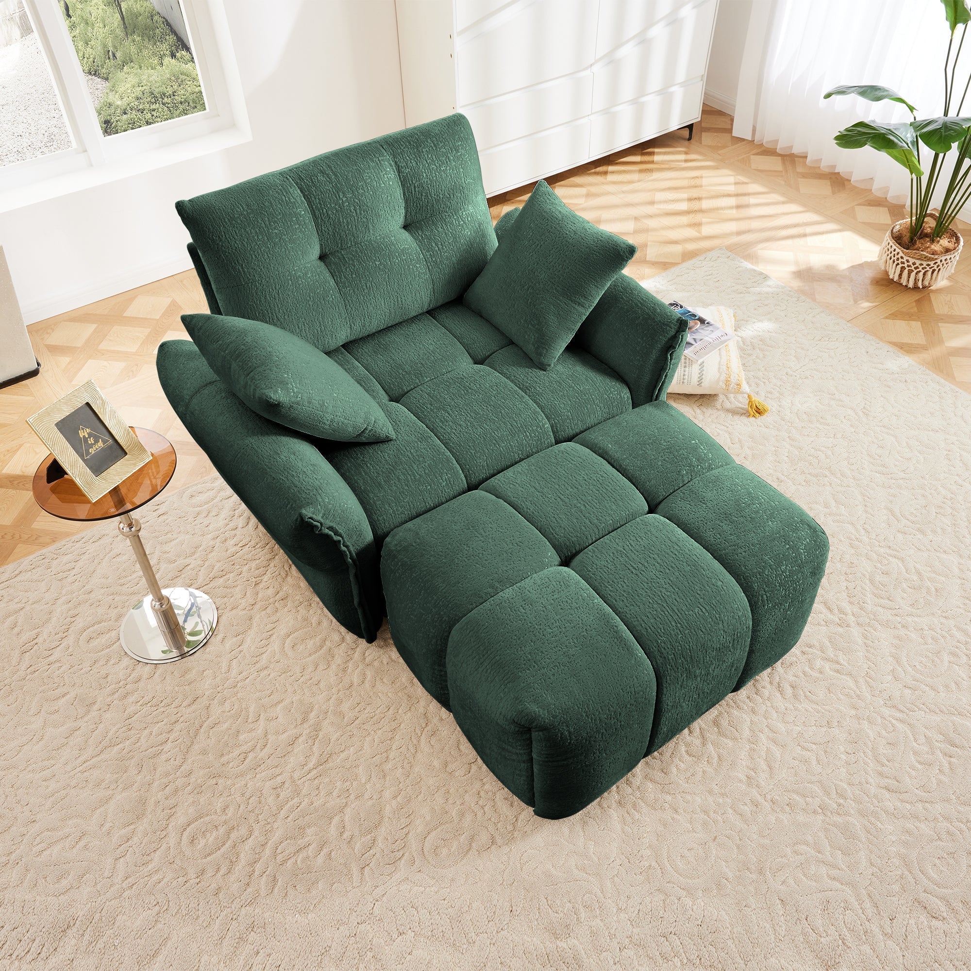 Ergonomic Single Seater Sofa with Ottoman in High-Green Chenille