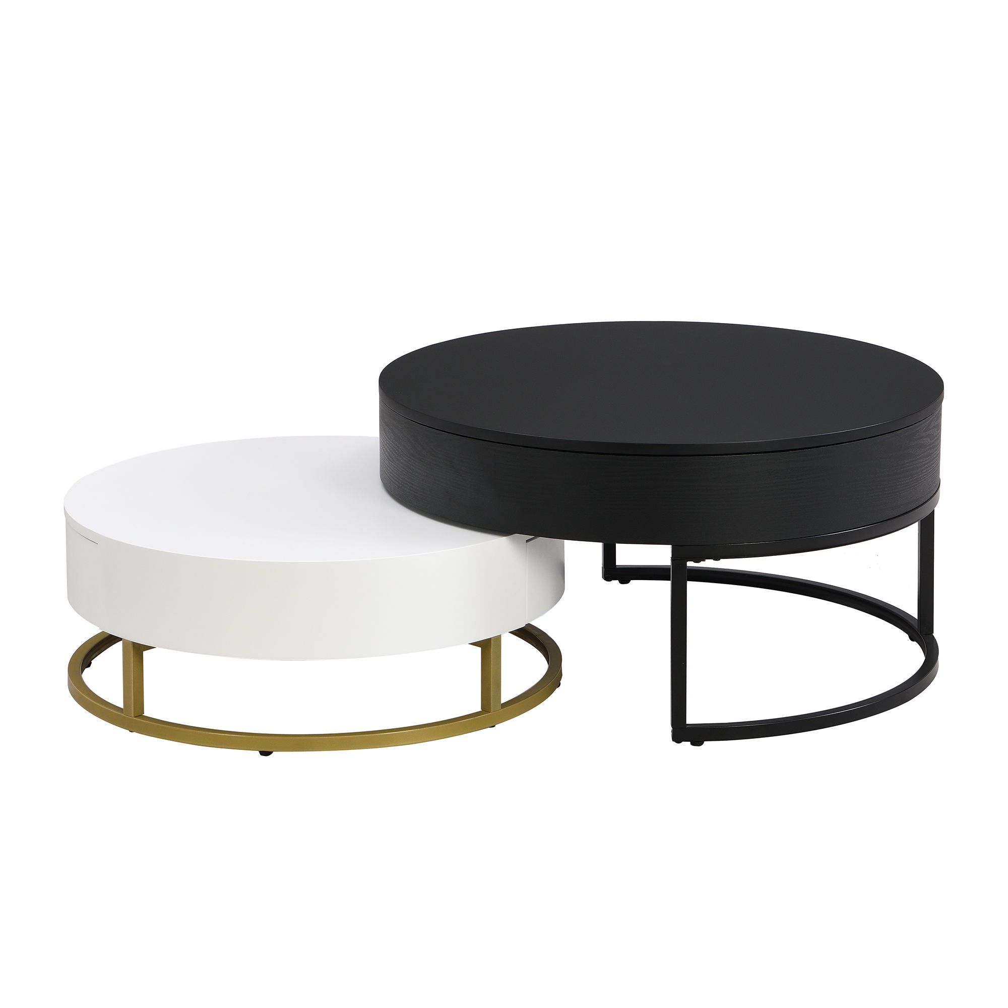 Modern Round Lift-Top Nesting Coffee Tables With 2 Drawers