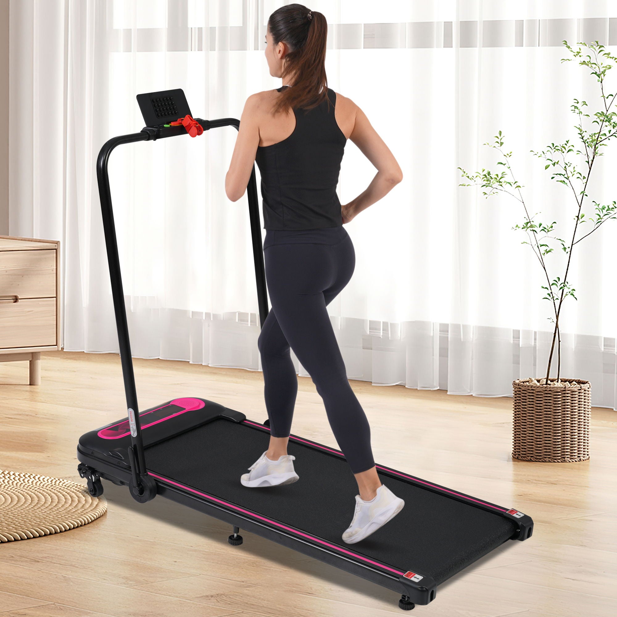 Folding Walking Pad Under Desk Treadmill For Home 2 Ways To Adjust Speed - Pink / Black