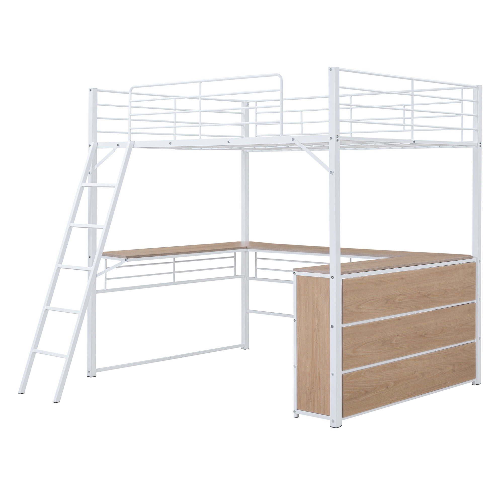 Loft Bed & 3 Layers Of Shelves And L-Shaped Desk