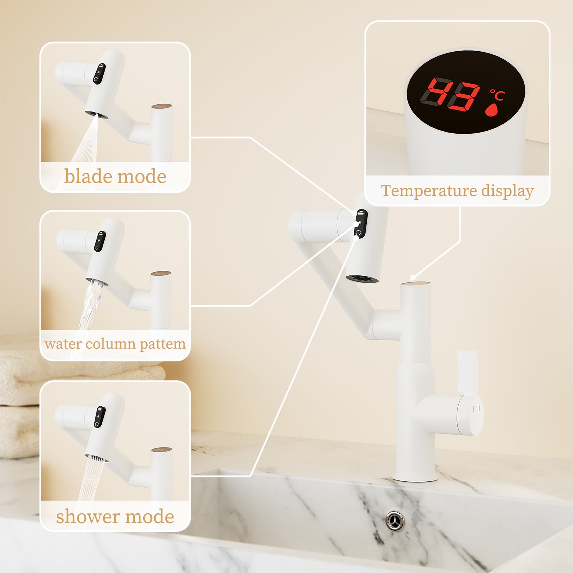 Modern Bathroom Sink Faucet With Spray Function, Temperature Display, Anti Skid Switch, Brass - White