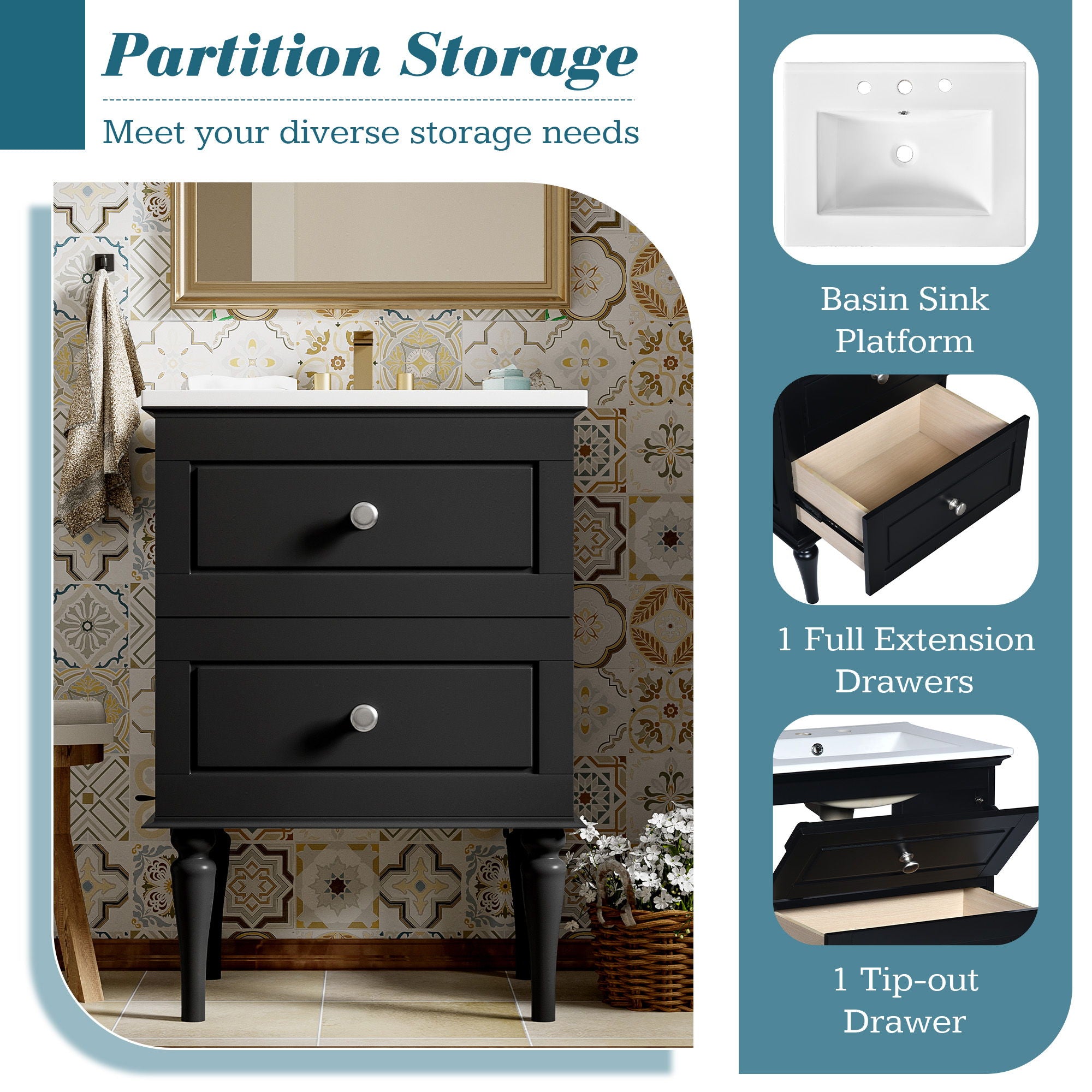 Bathroom Vanity Cabinet With Ceramic Sink Combo Set, Frame Modern Bathroom Storage Cabinet With 2 Drawers - Black