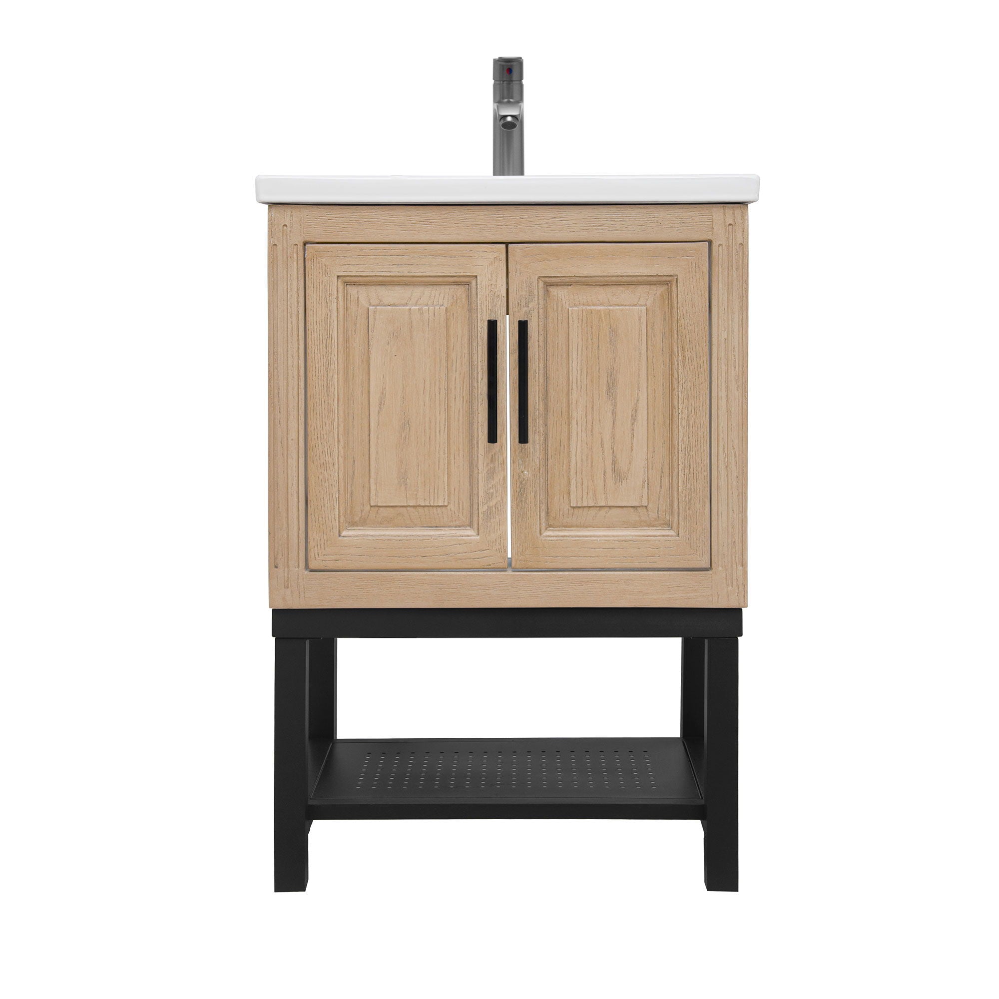 Modern Freestanding Bathroom Vanity With Ceramic Sink, Hot And Cold Faucet, Storage Cabinet & Open Shelf