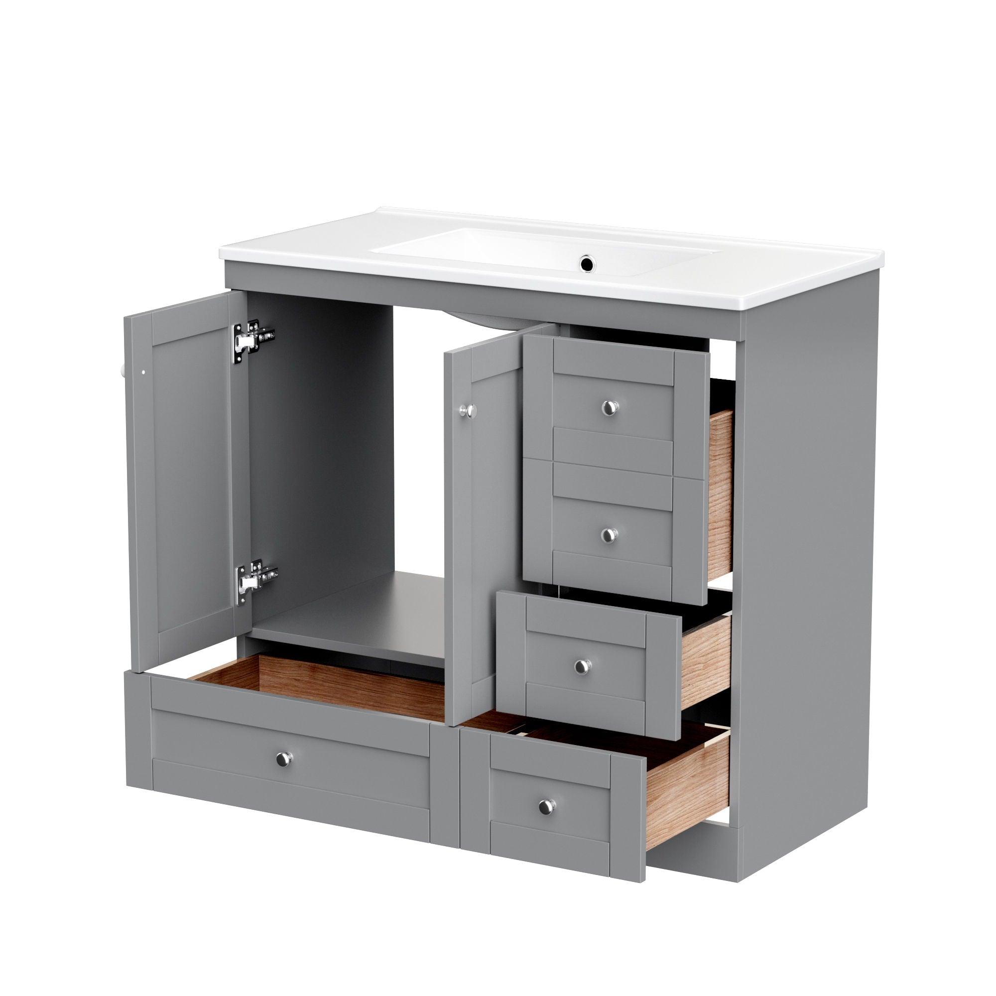 36" Shaker Free Standing Bathroom Vanity Cabinet With Sink, Soft Close Drawers, Soft Close Doors - Gray