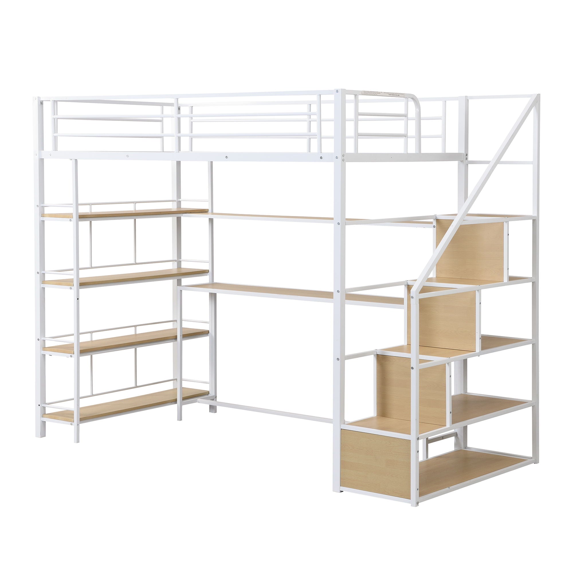 Twin Size Loft Bed With Built In Desk, Staircase Storage & 4 Tier Shelves - White