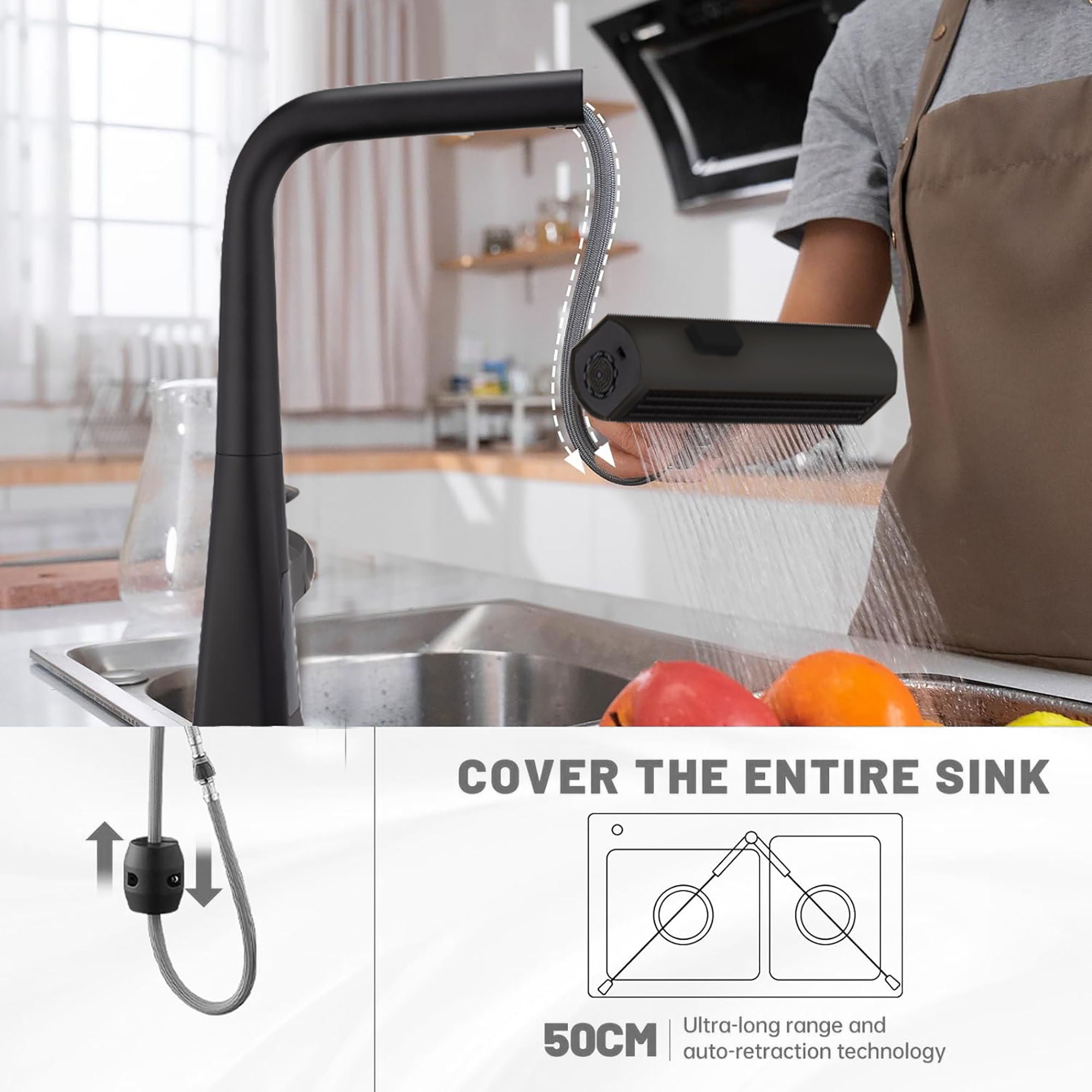 Modern Waterfall Kitchen Faucet With Temperature Display And Pull Down Sprayer, Zinc Construction - Matte Black