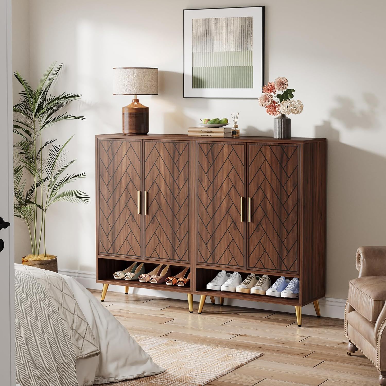 6 Tier Wooden Entryway Shoe Cabinet, Wide Storage Unit For 24 Pairs Of Shoes - Walnut