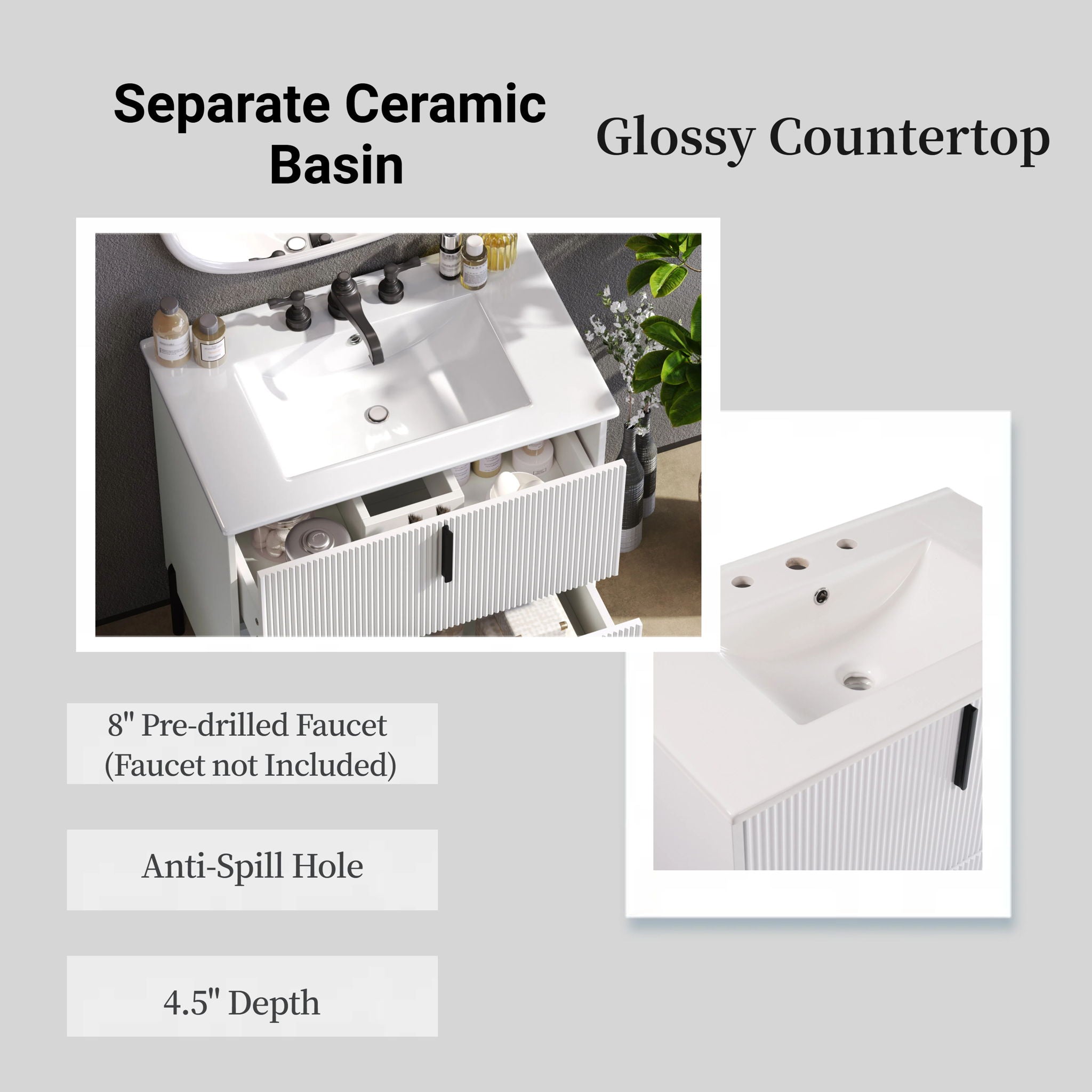 Bathroom Vanity With Ceramic Sink, Fluted Design