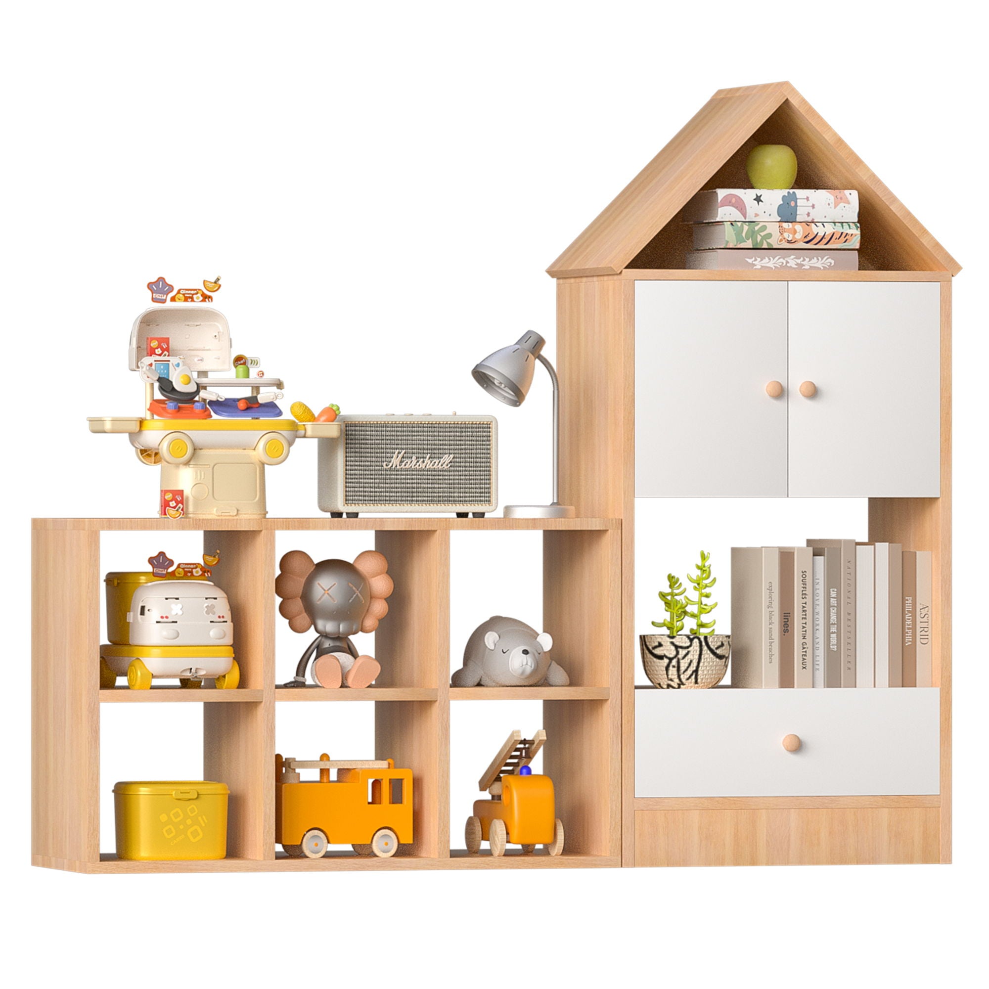 Versatile Children's Bookshelf With House Shaped Design, Multi Functional Storage