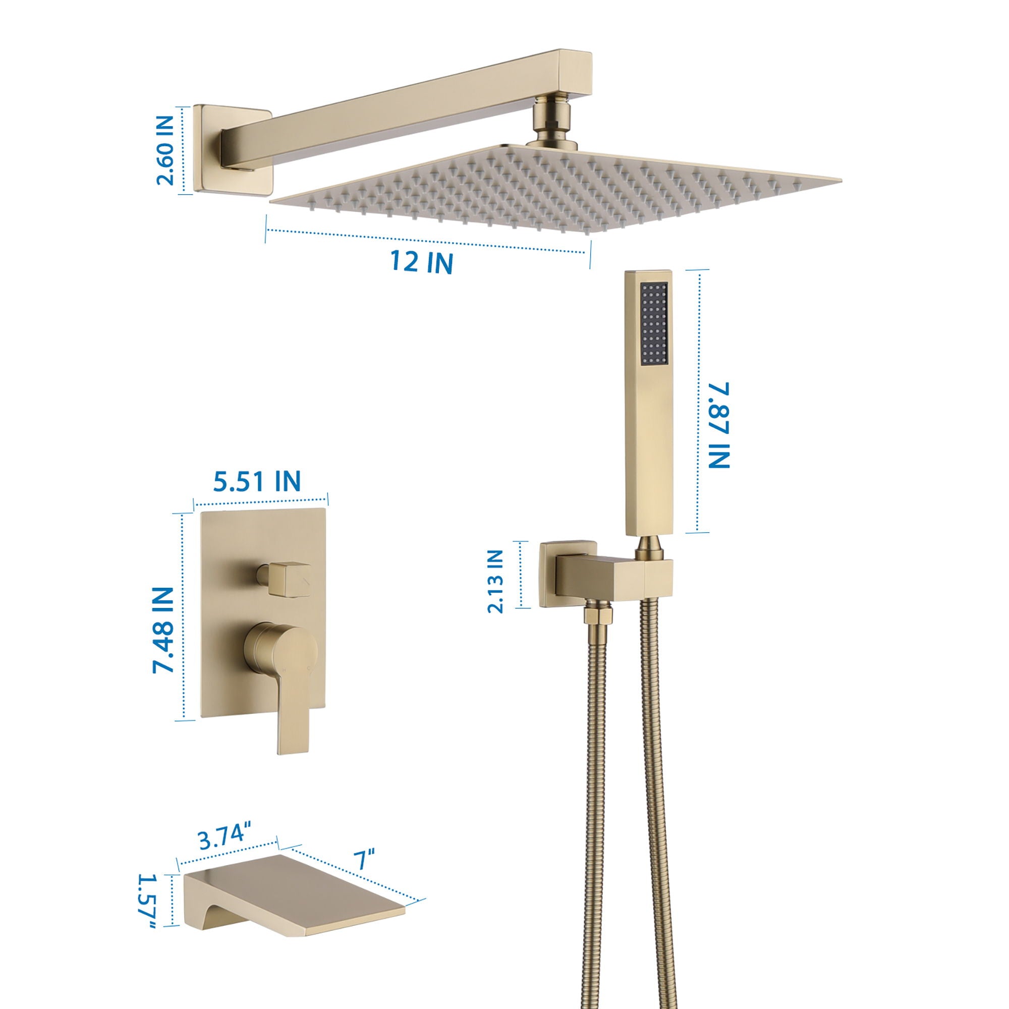 Luxury Bathroom Shower System With 12" Rain Shower Head Handheld Mixer - Brushed Gold