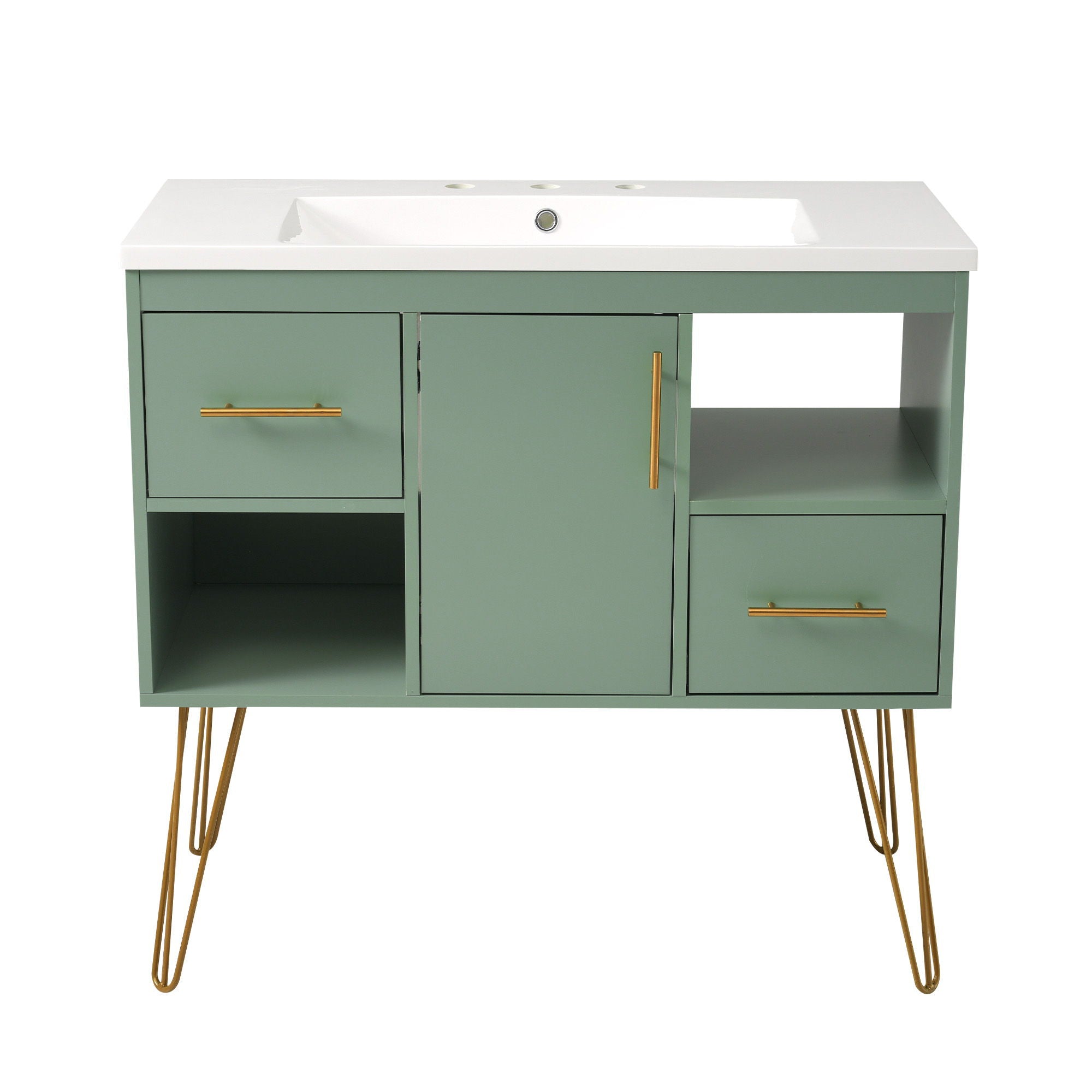 Bathroom Vanity With Resin Sink Combo Set, Modern Freestanding Single Bathroom Cabinet With 2 Drawers & 2 Storage Compartments, Storage Cabinet For Bathroom, Frame Vanity Set - Green